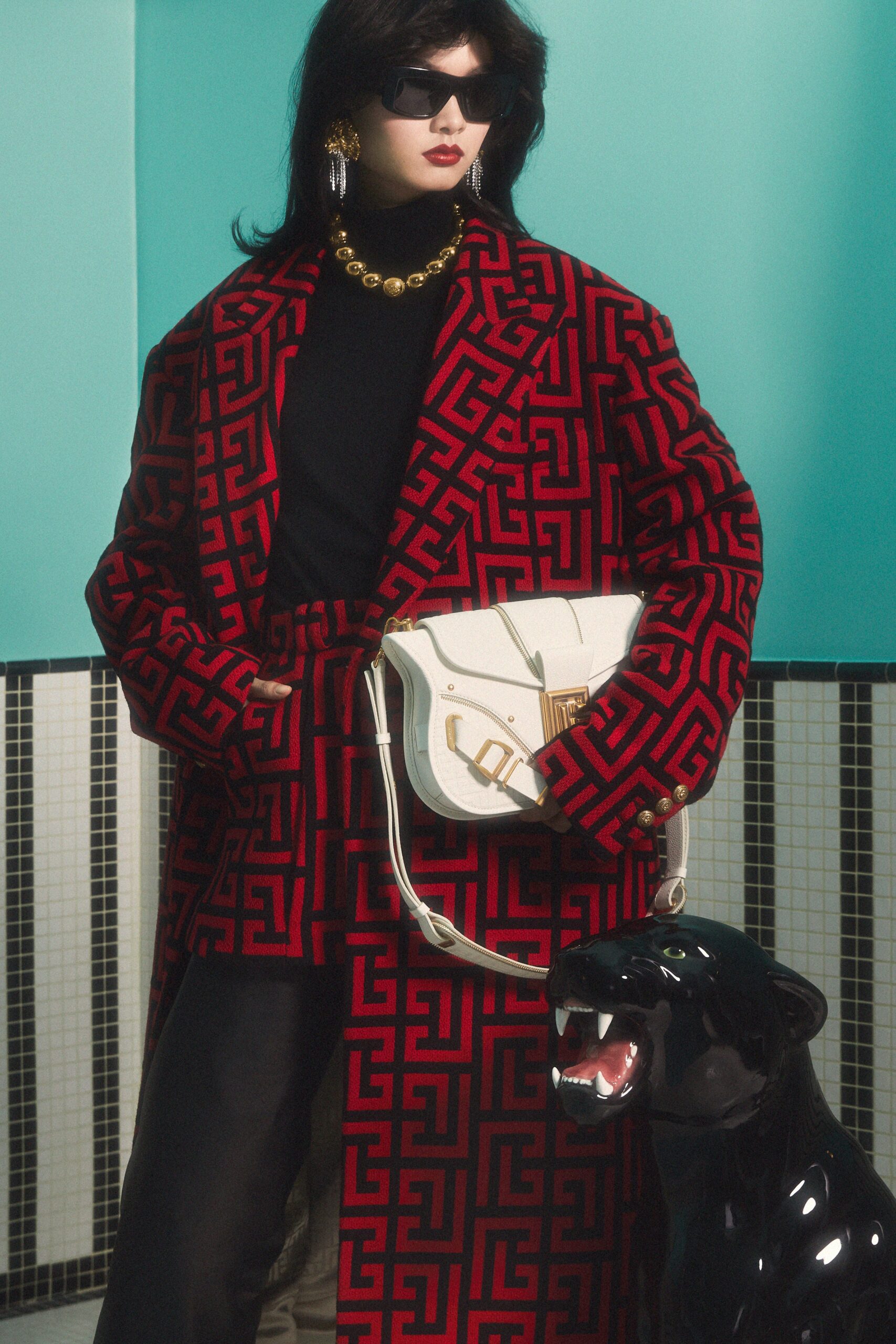 red wool long-sleeve collared relaxed printed coat