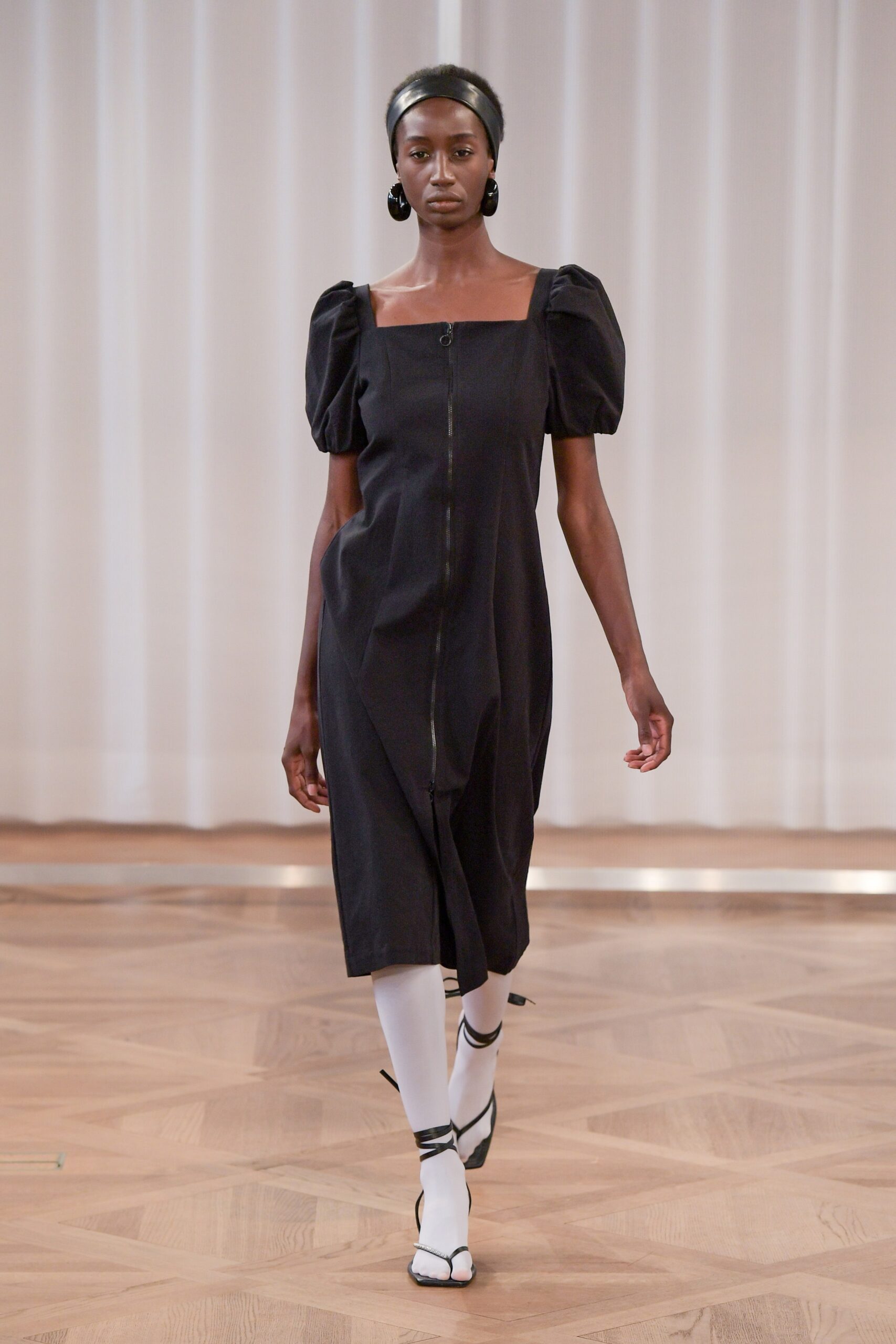 black midi dress with puff sleeves