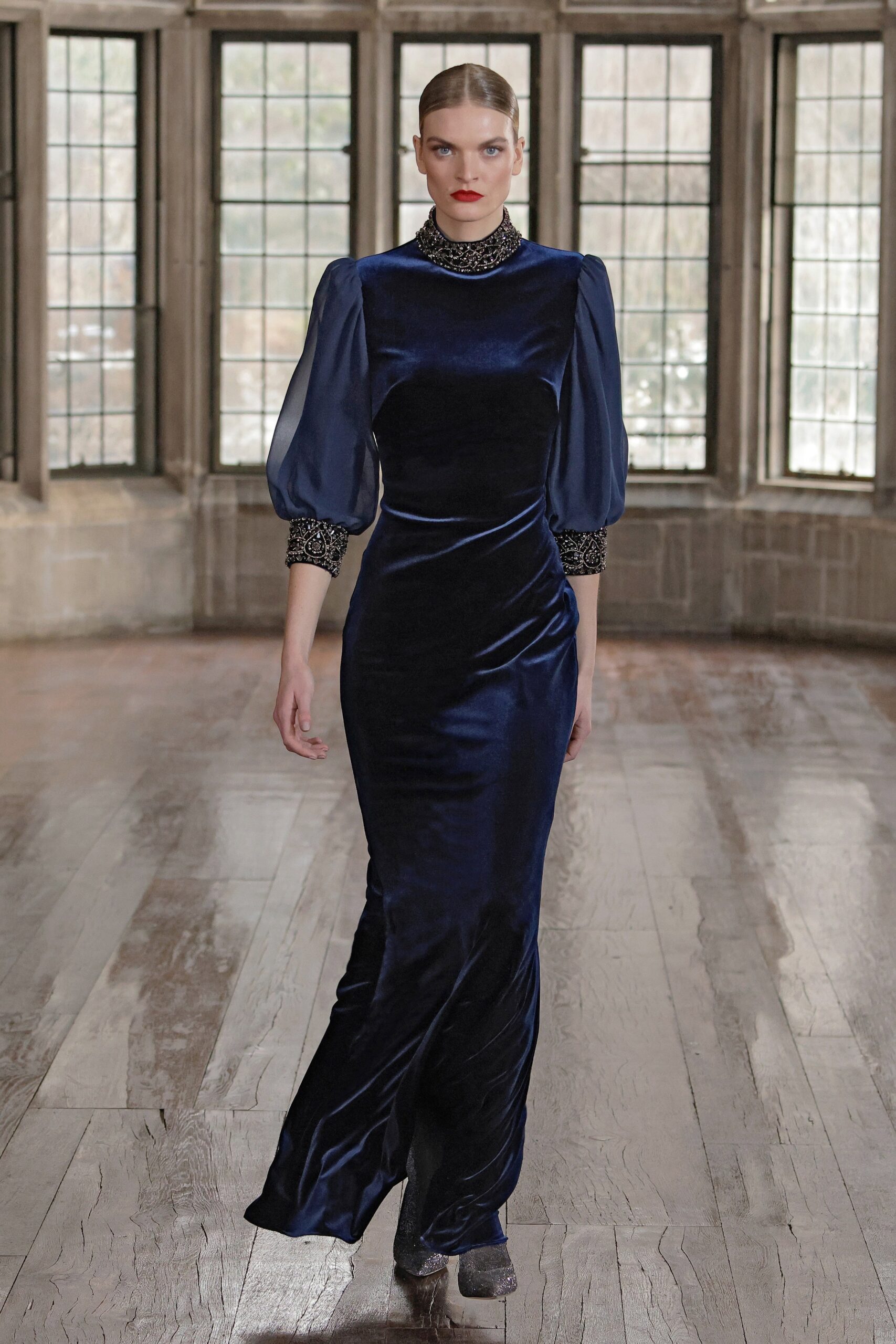 blue velvet fitted gown