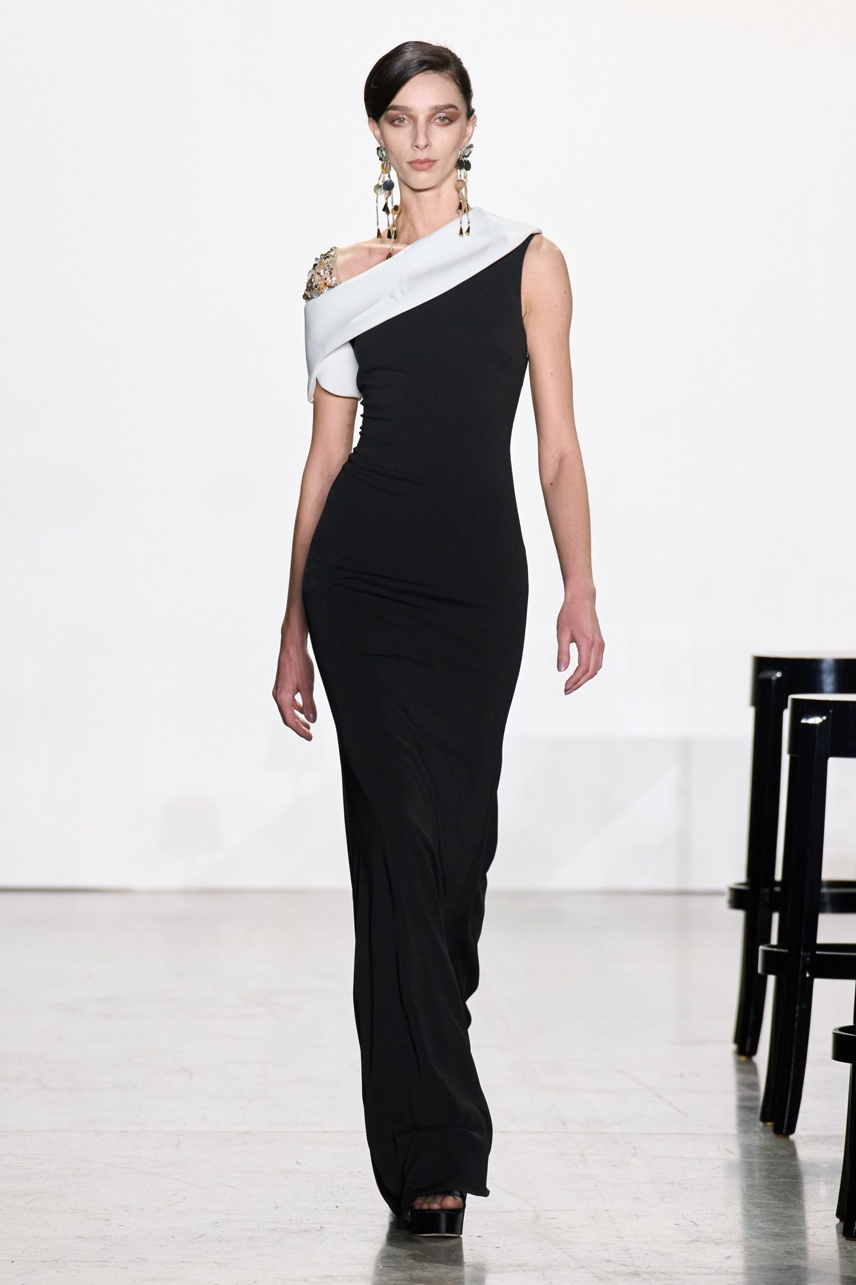 black and white asymmetric gown