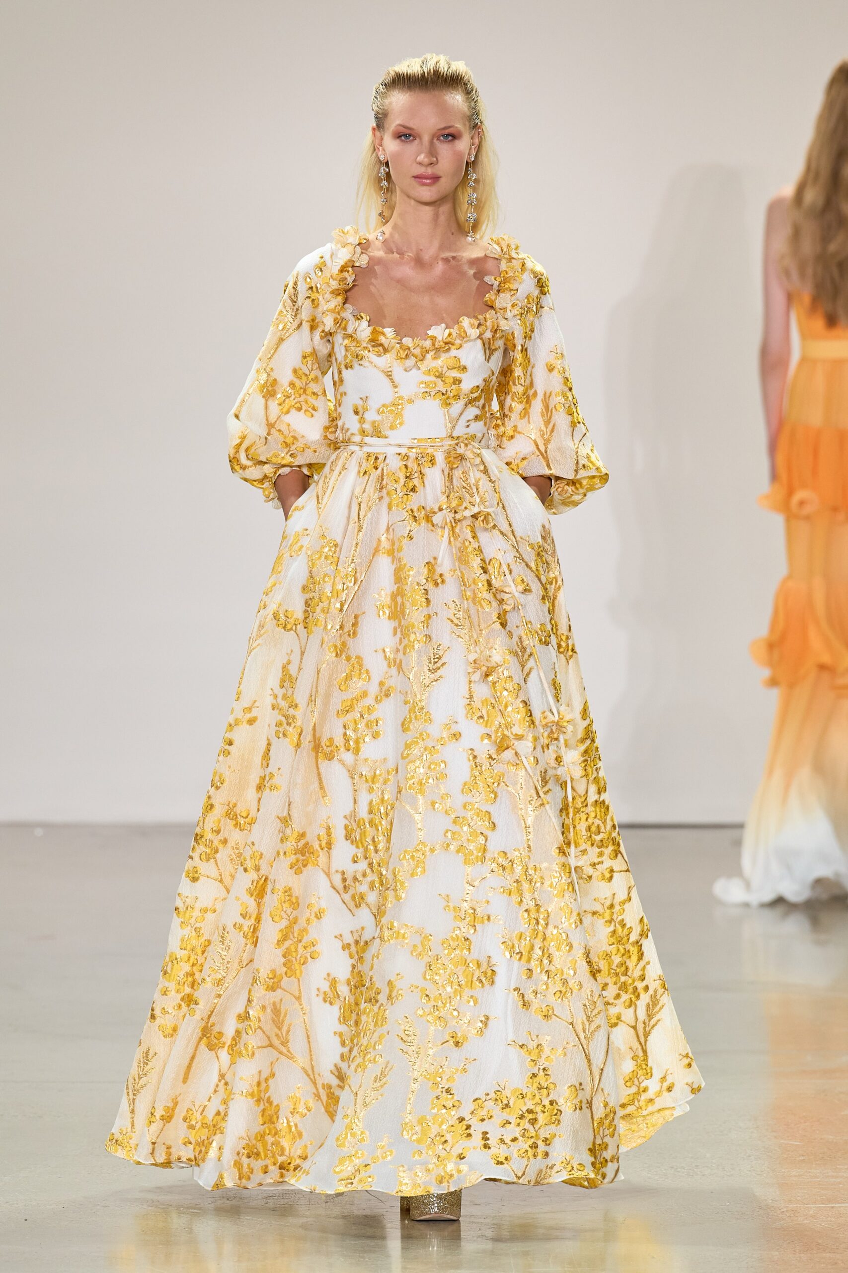 white and yellow floral gown