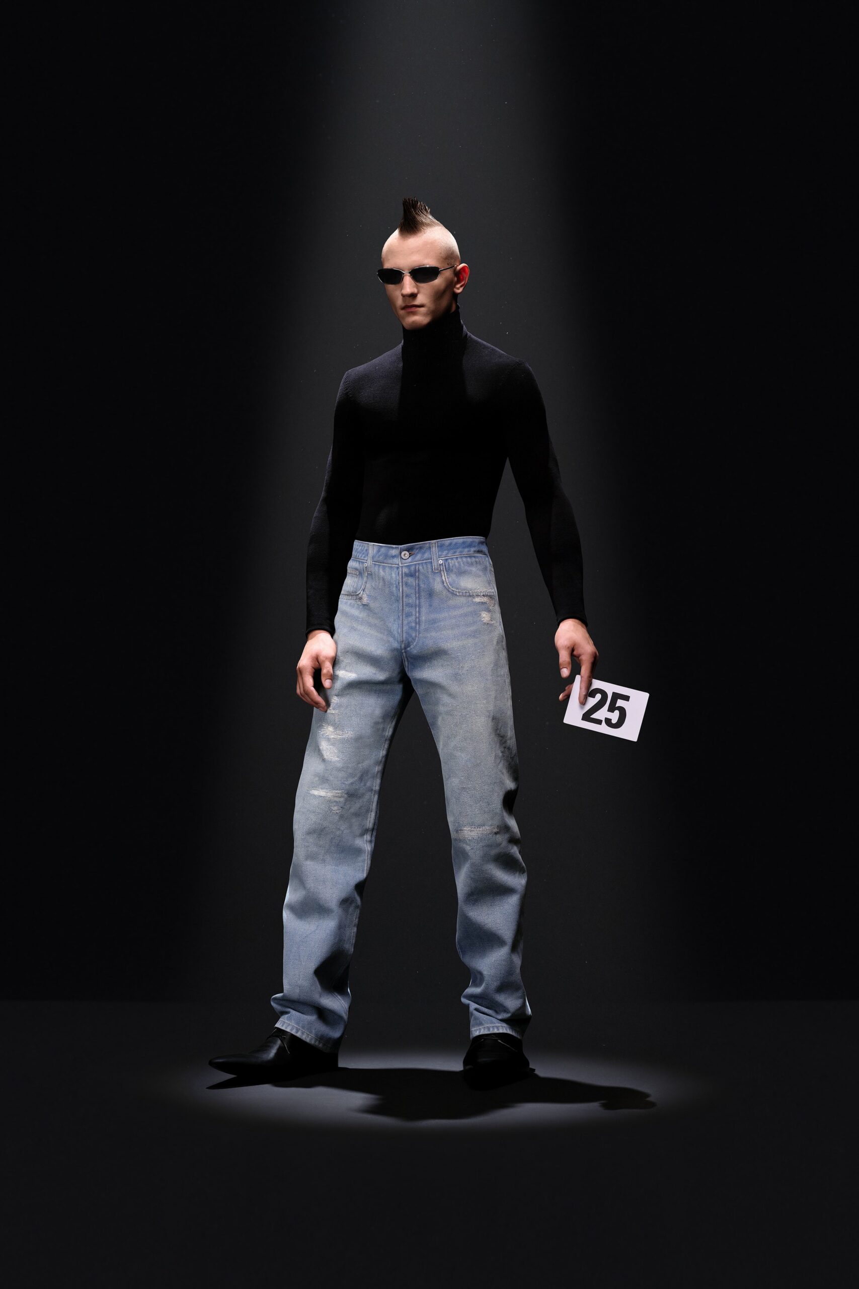 black fitted turtleneck and blue jeans
