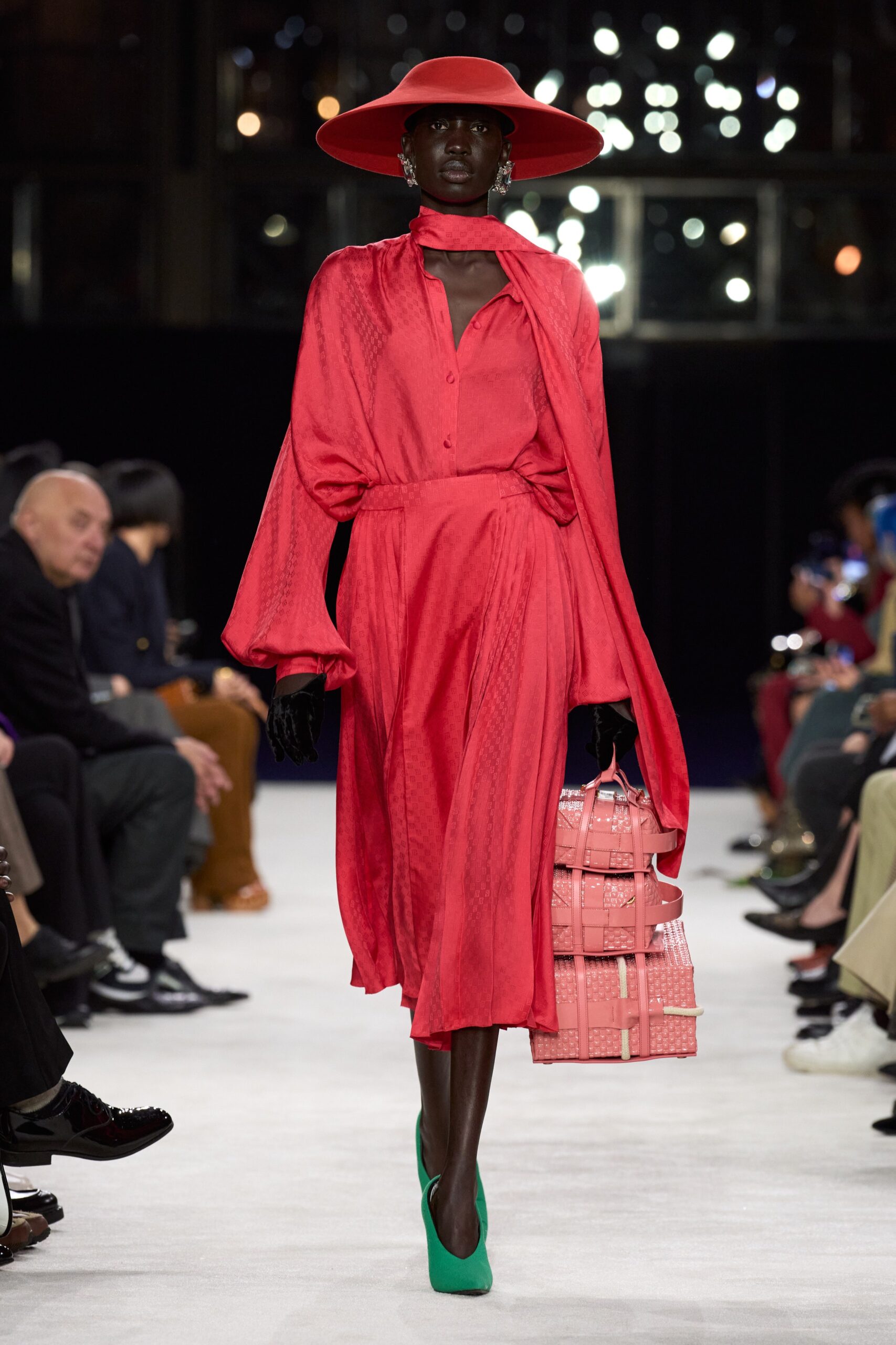 red silk midi dress with accessories