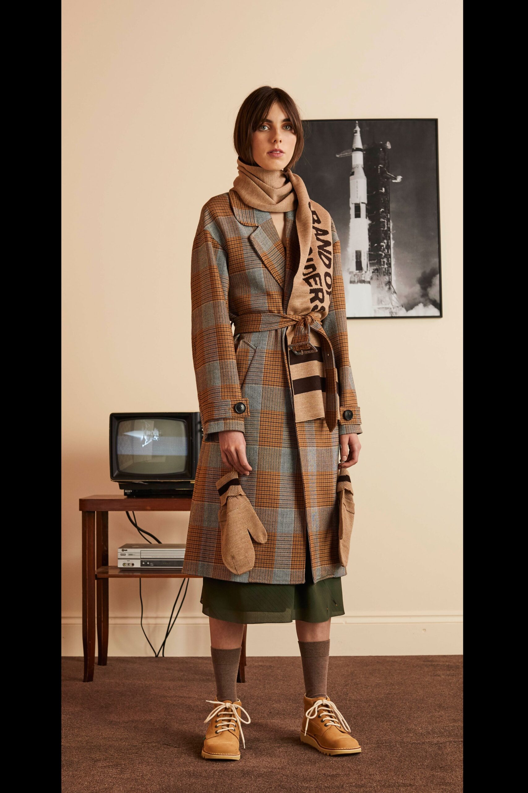 brown checked coat with scarf