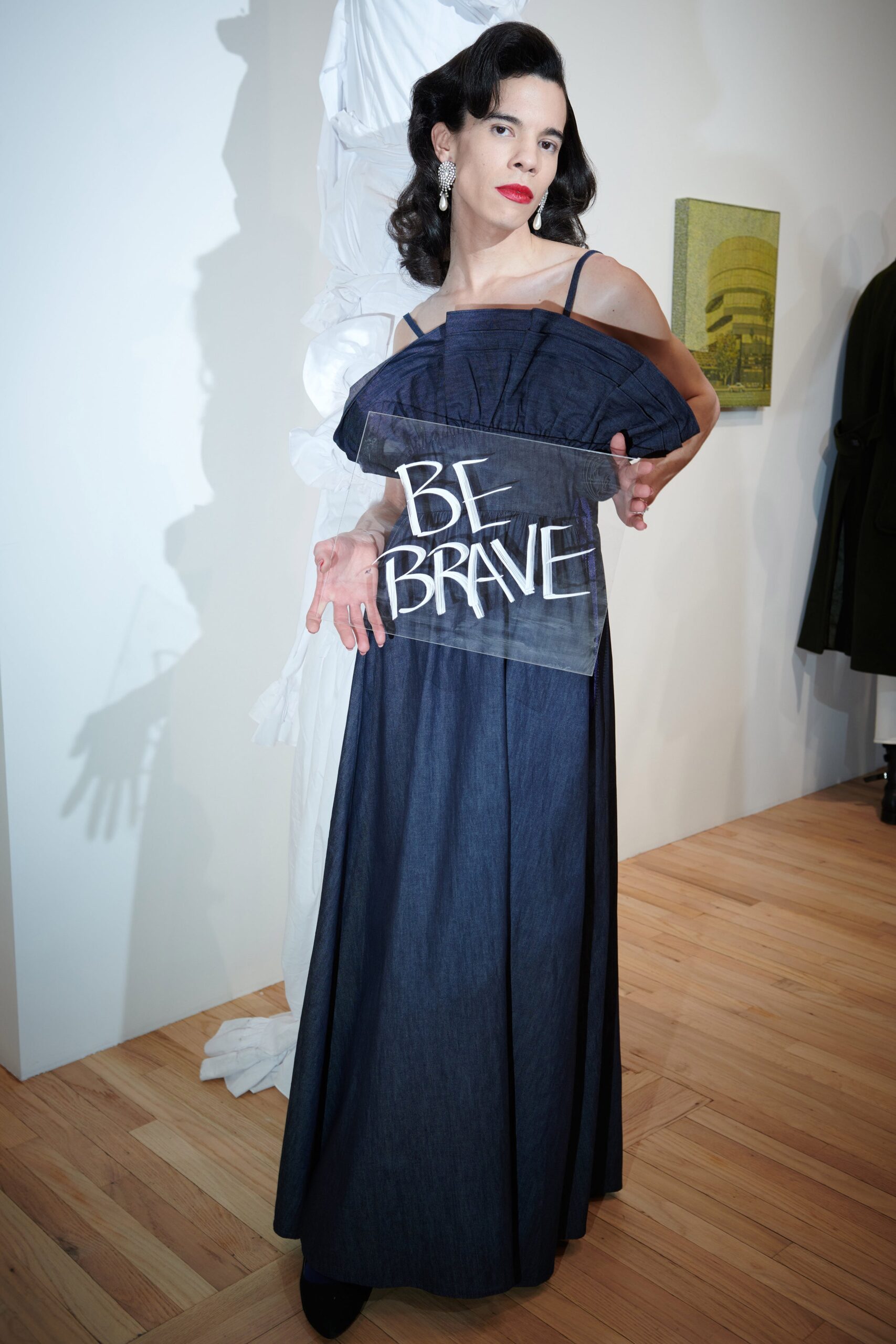 blue denim off-shoulder dress