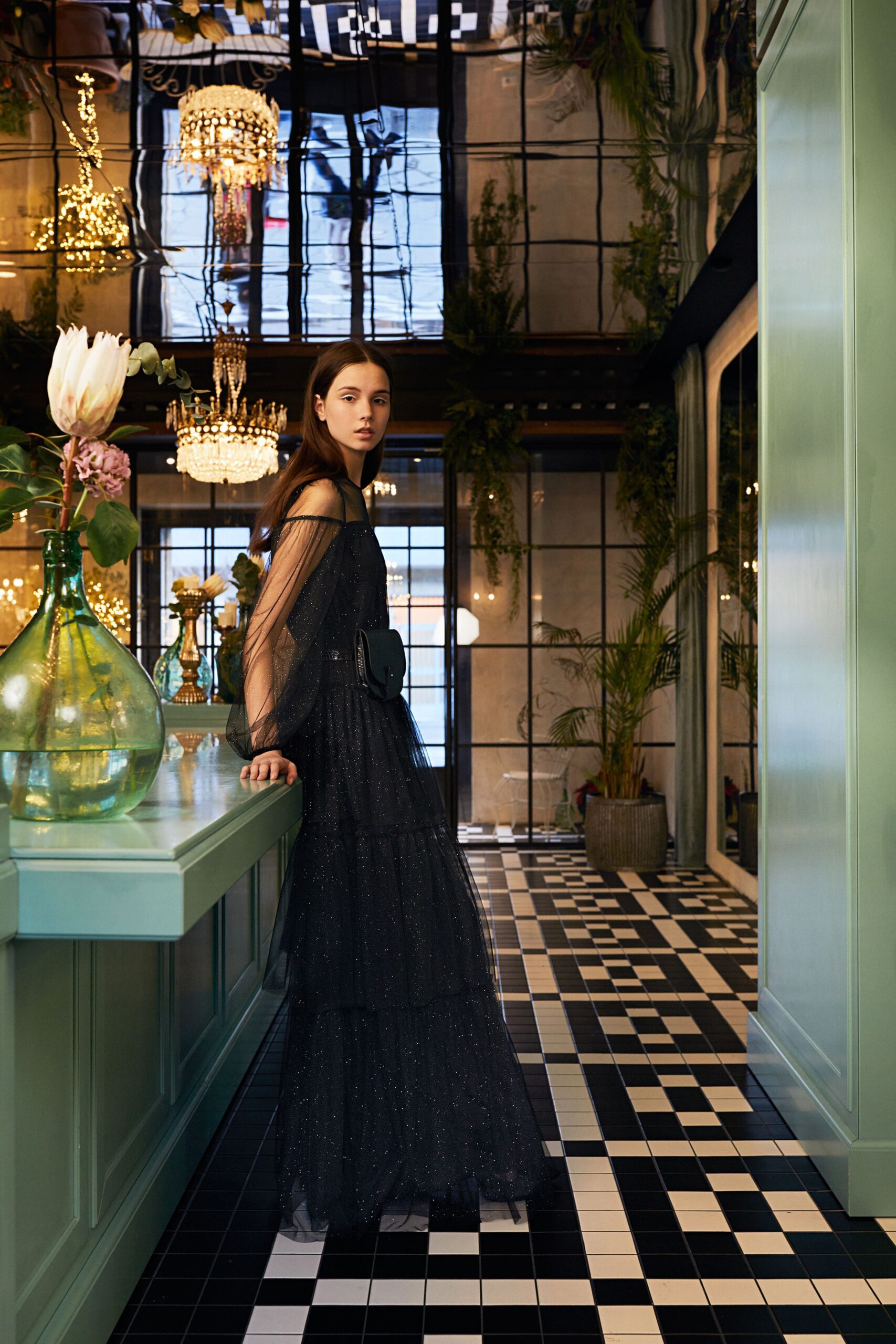 black sequined tiered gown