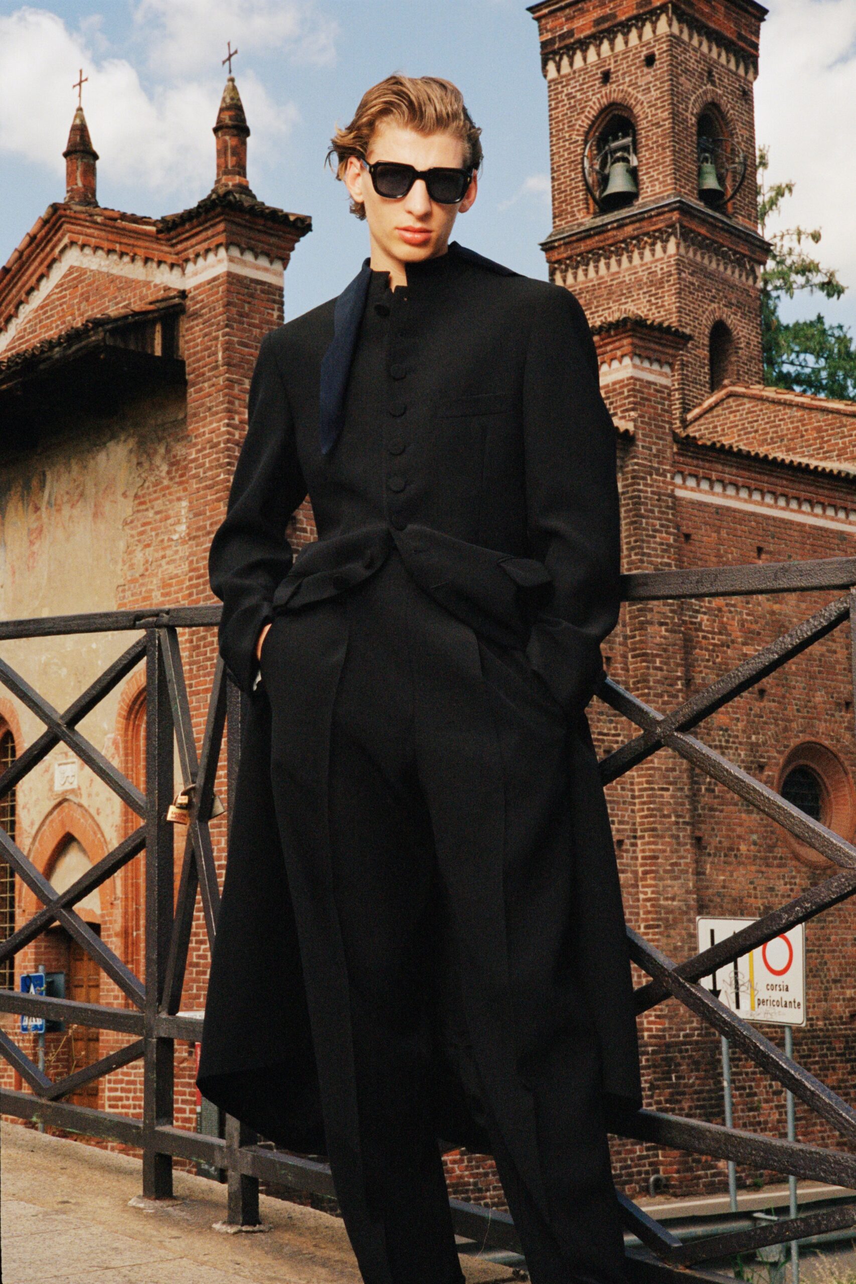 black wool coat with tailored pants