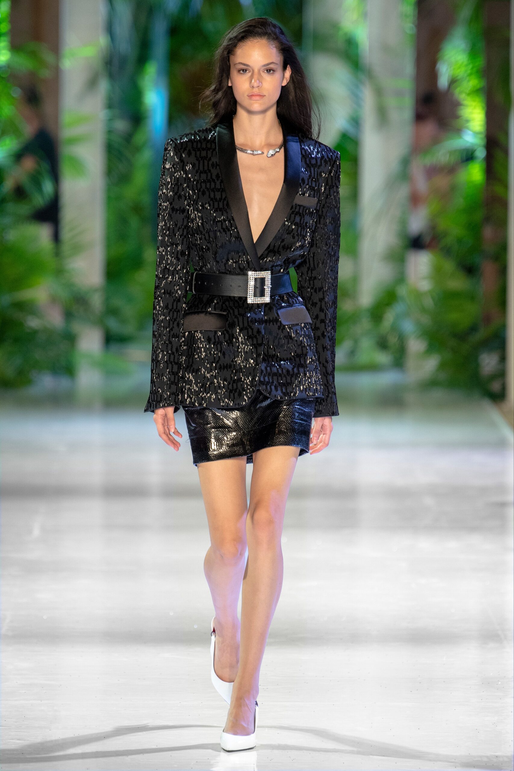 black embroidered blazer and mini skirt