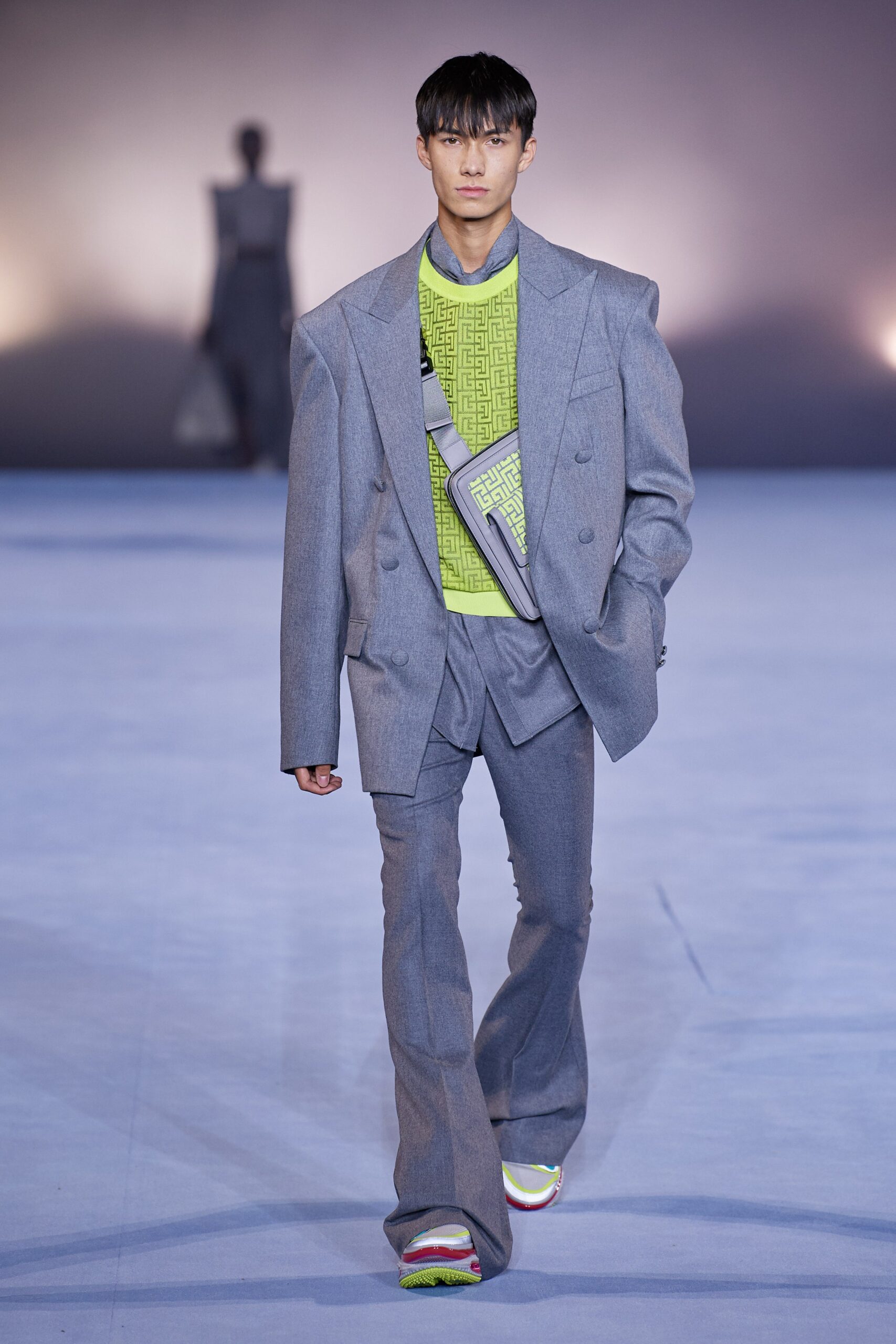 gray tailored blazer with green top