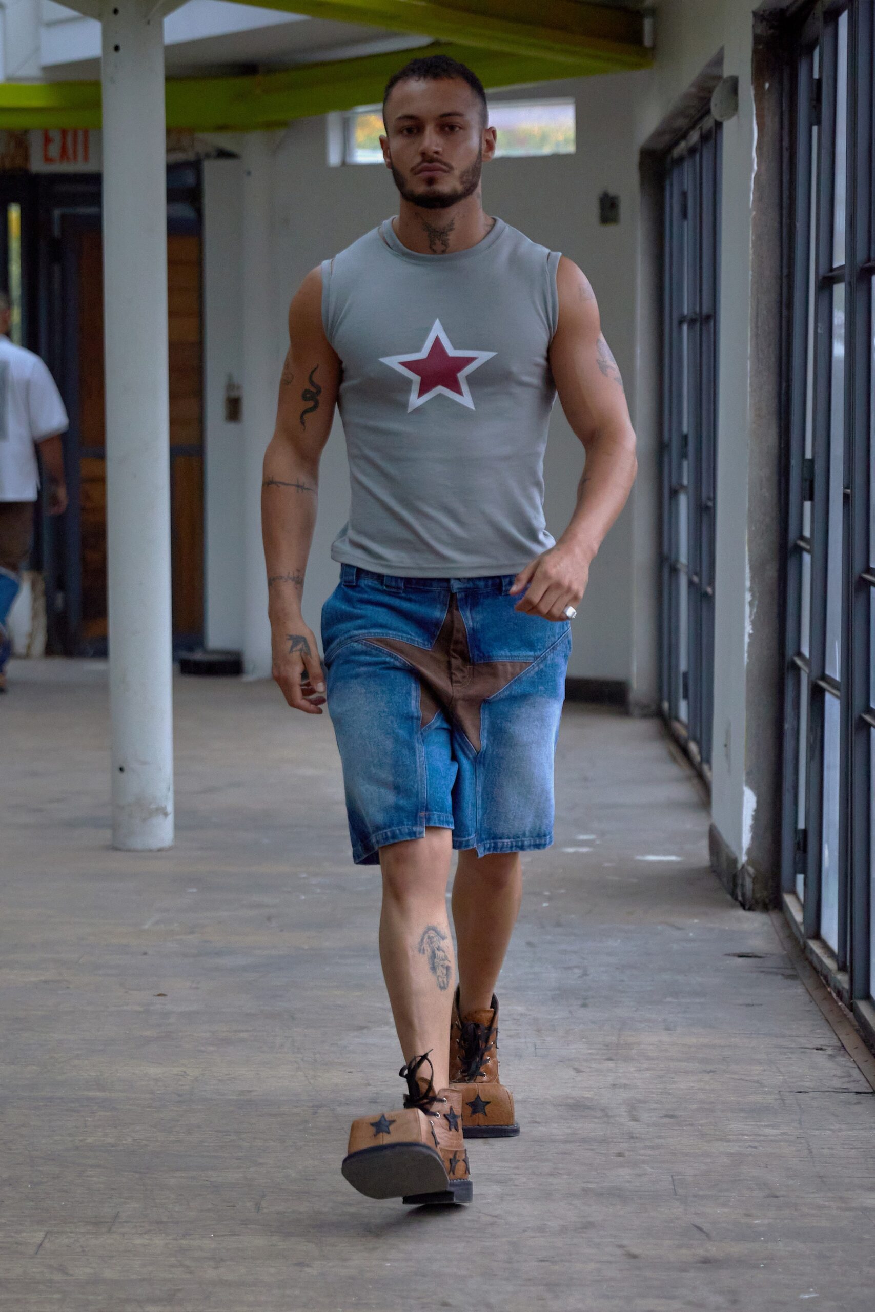 blue denim relaxed distressed shorts