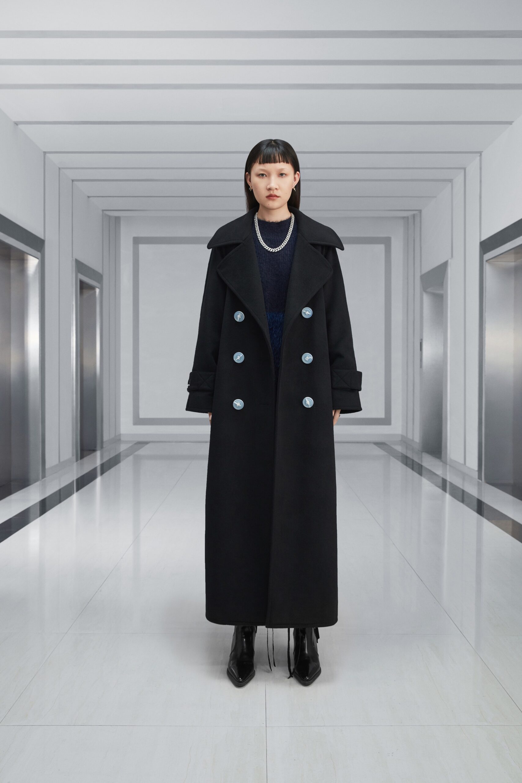 black wool coat with navy dress