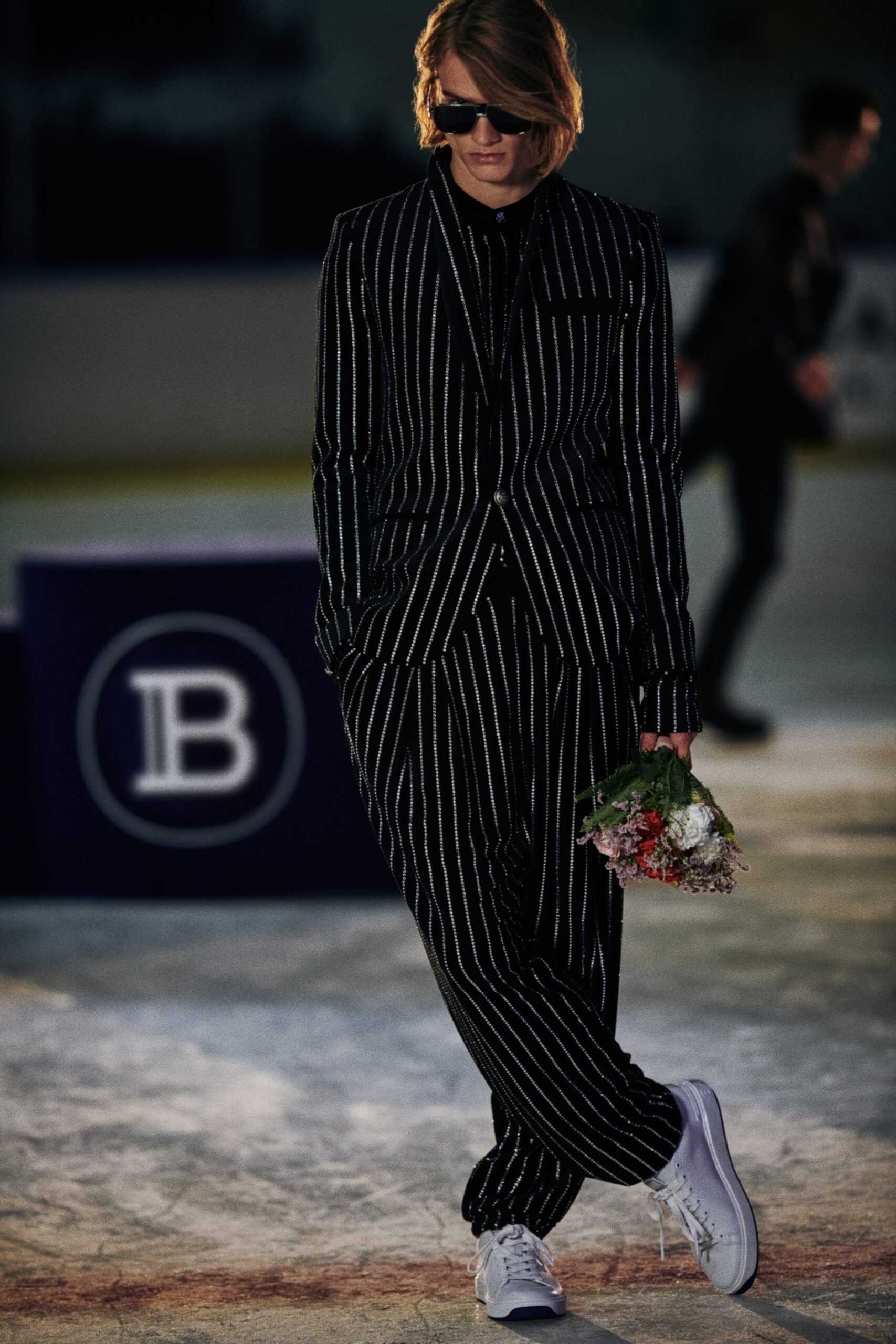 black and white striped suit