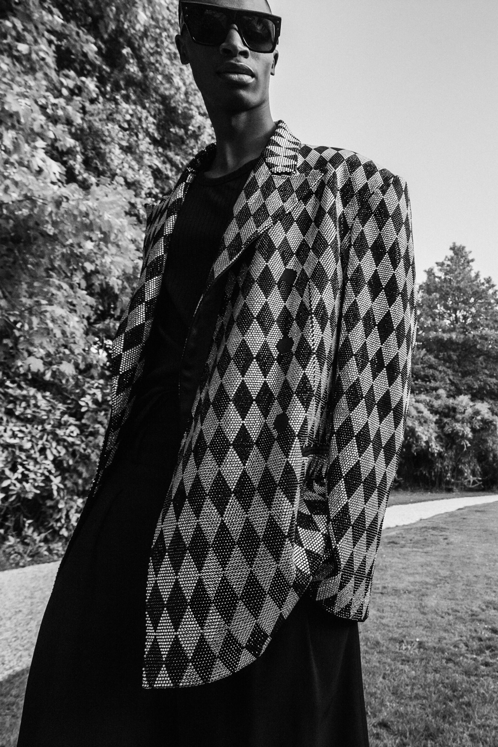 black and white checked blazer