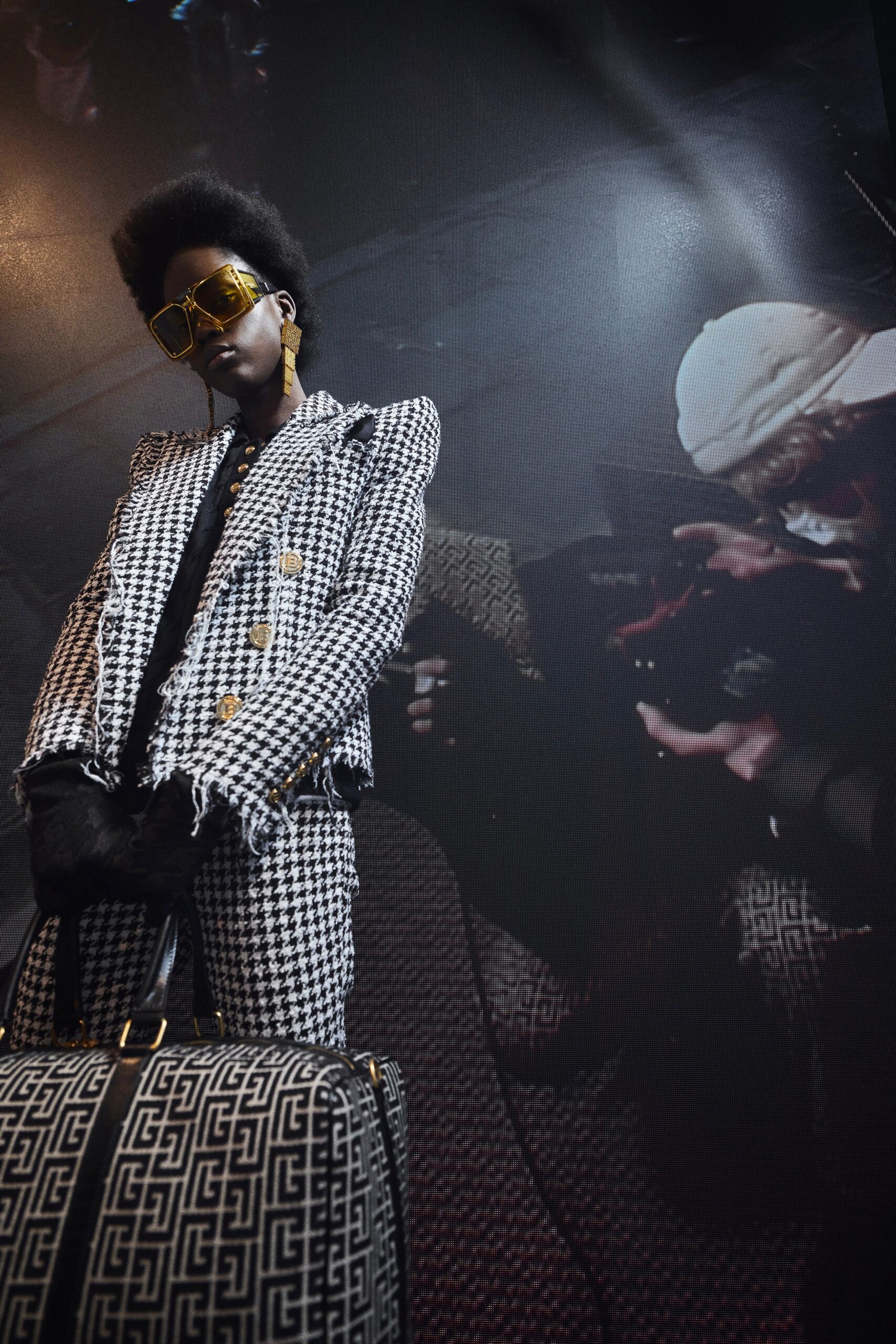 black and white checked suit