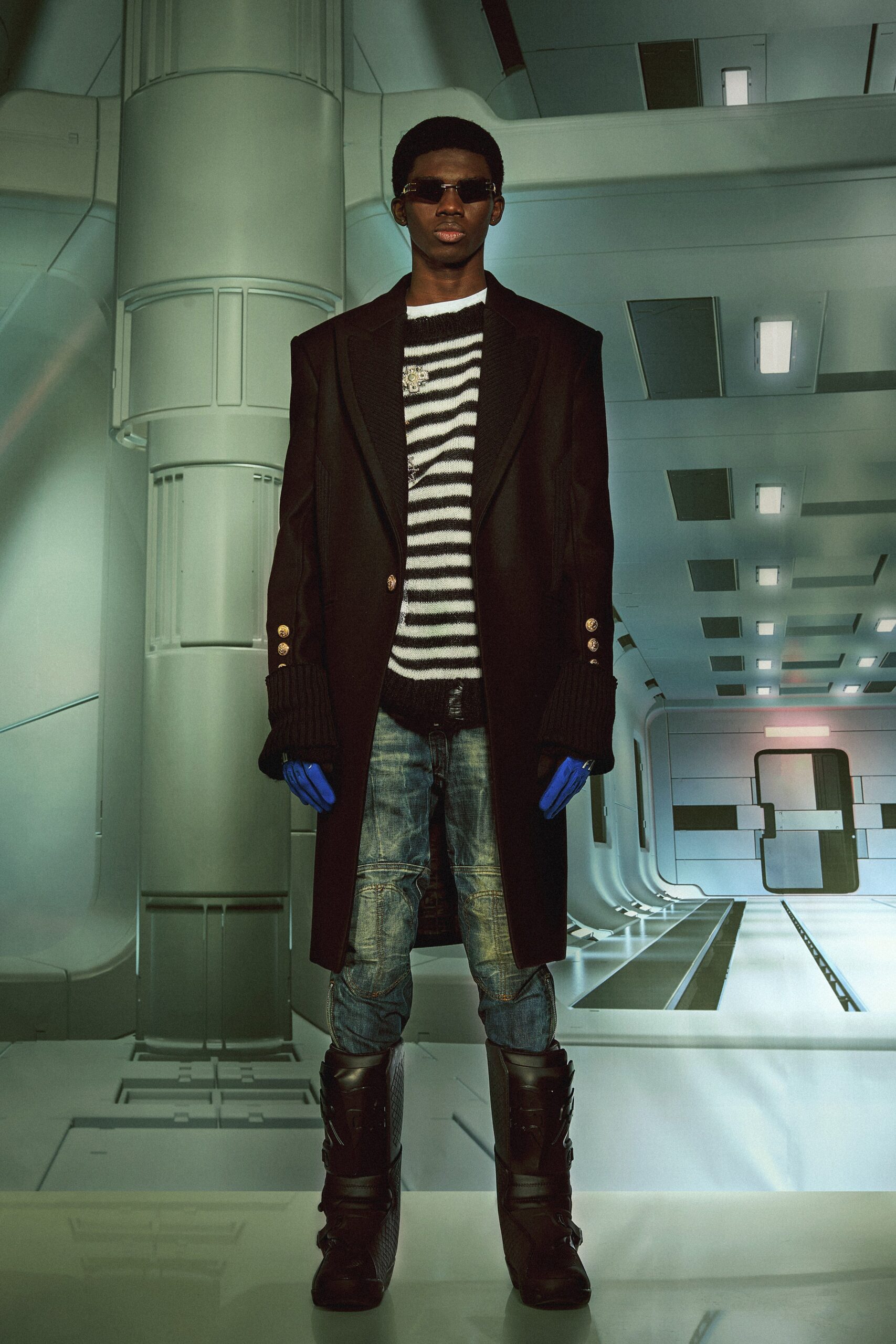 black wool coat with striped top