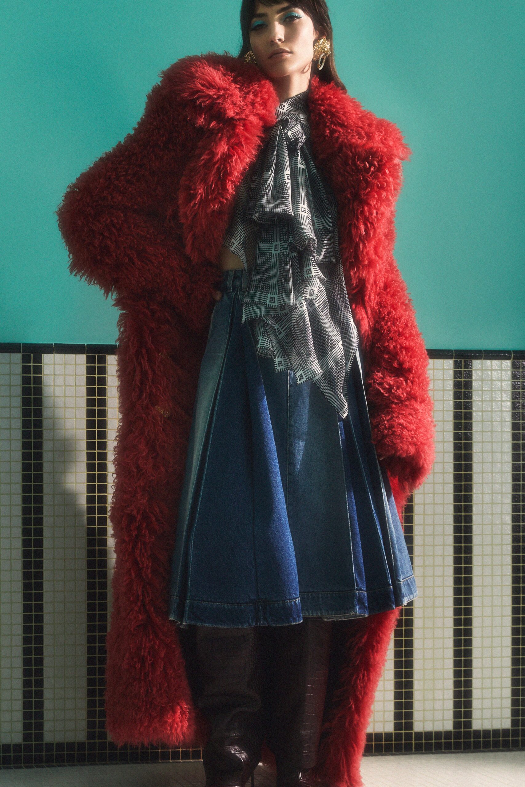 red faux-fur oversized coat