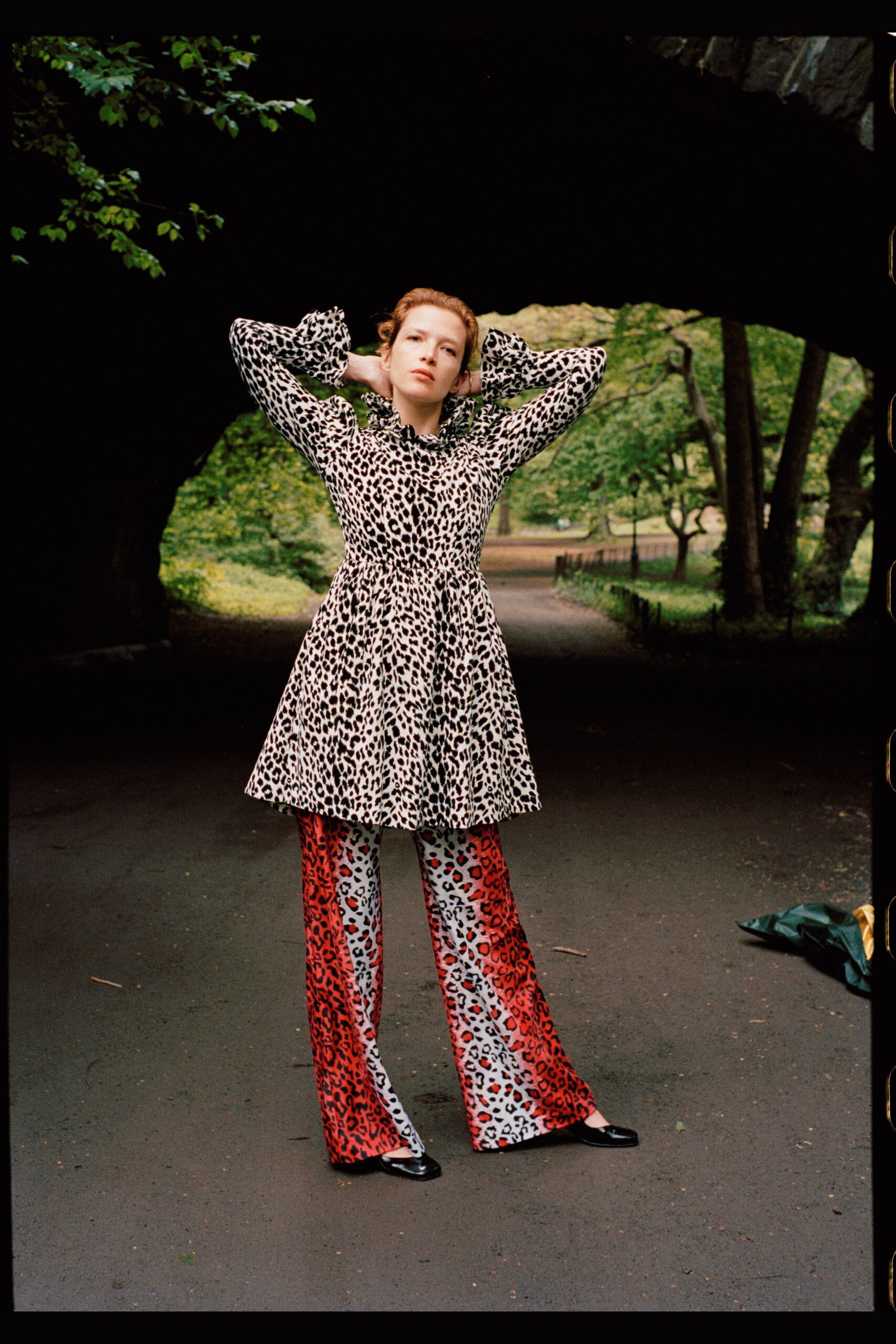red cotton long-sleeve fitted flared printed pants