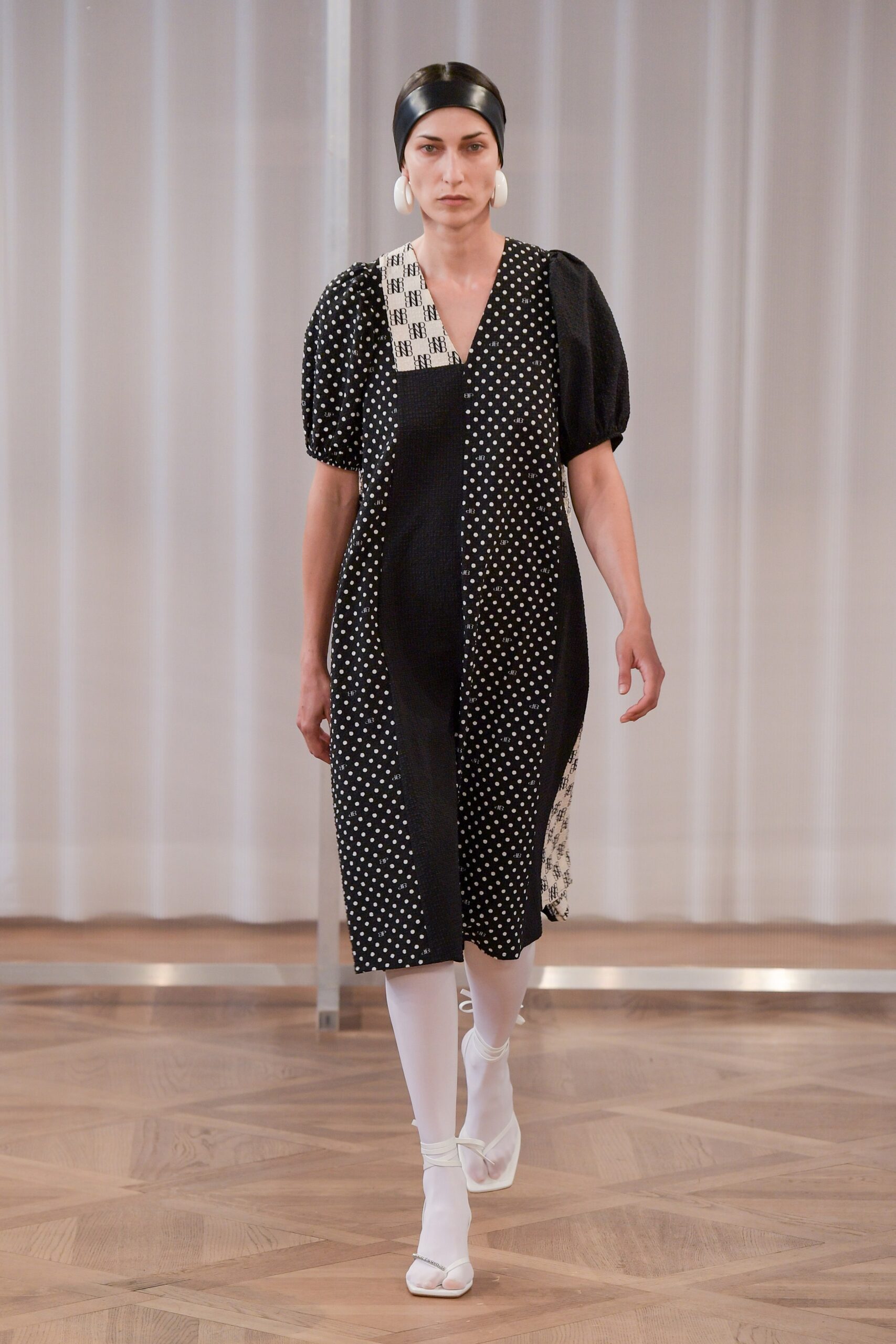 black and white polka-dot midi dress