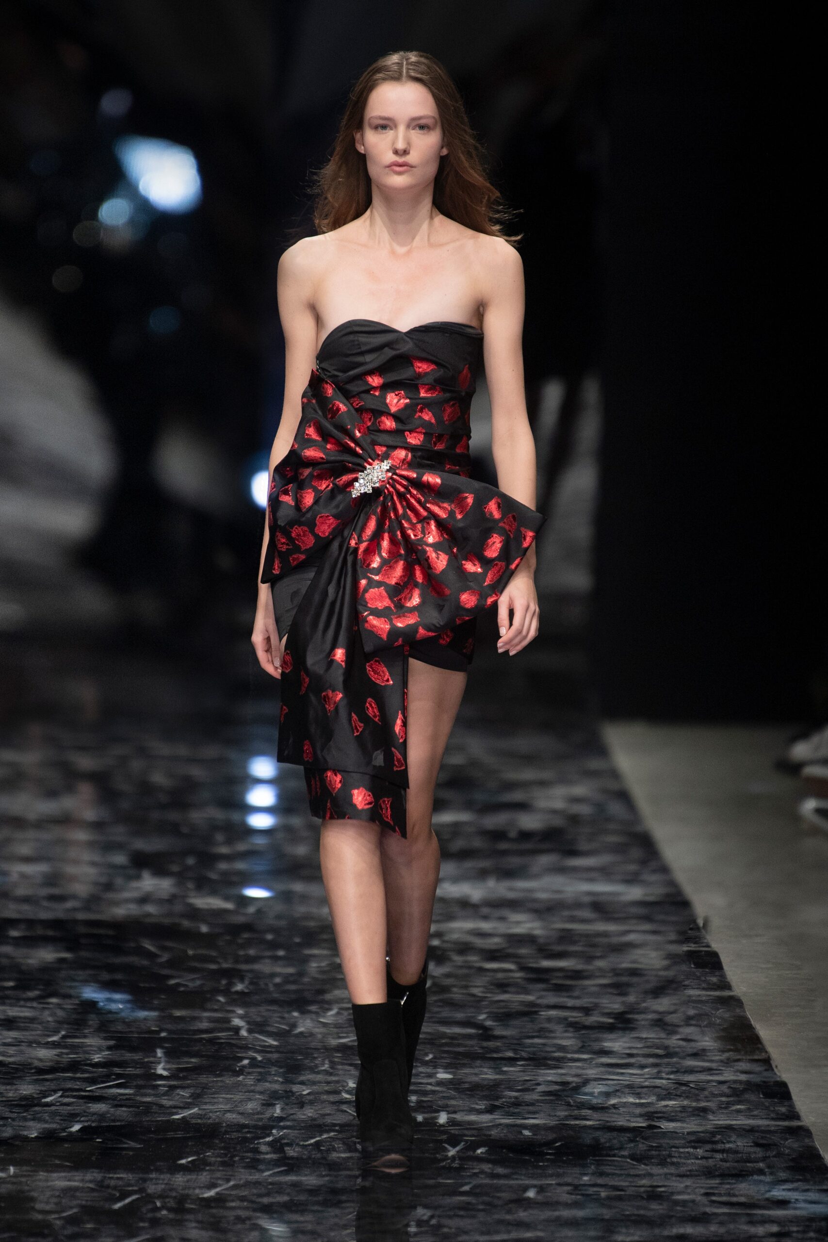 black and red ruffled strapless dress