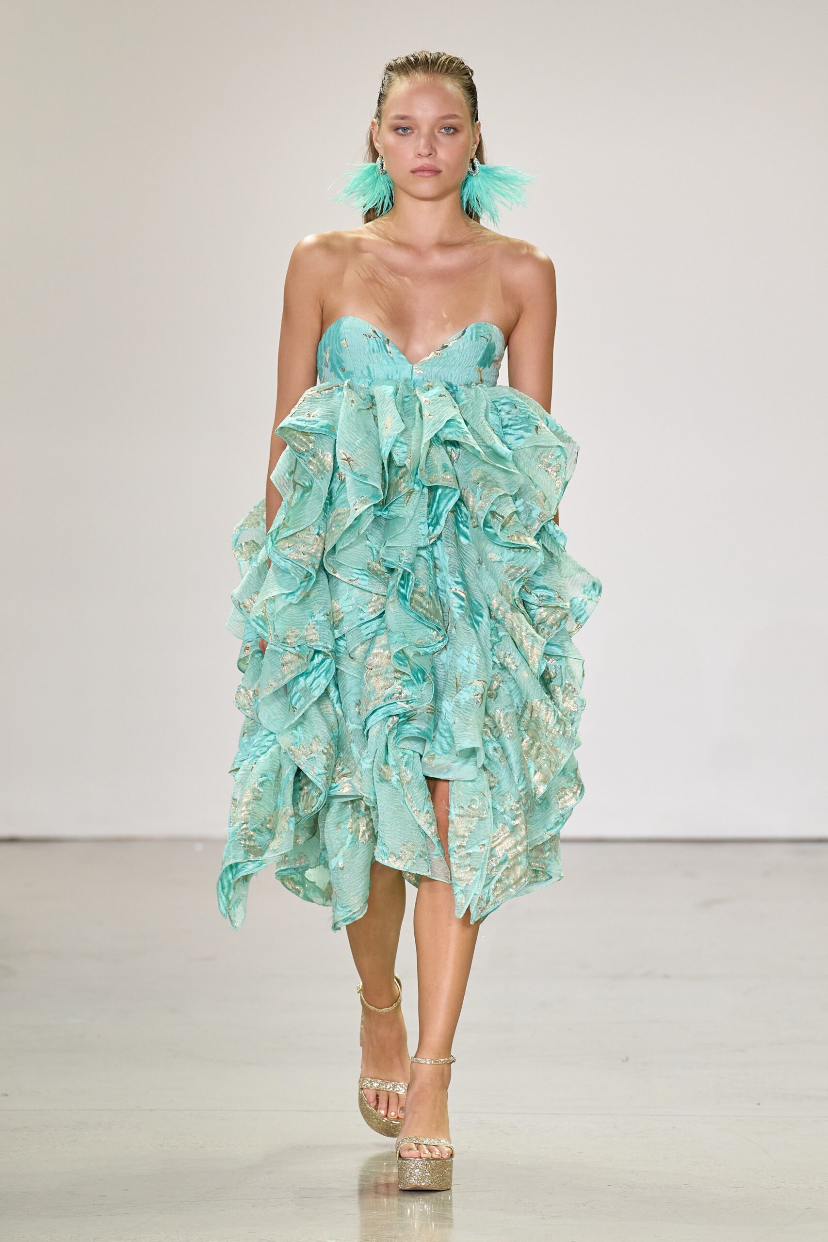 blue green ruffled midi dress