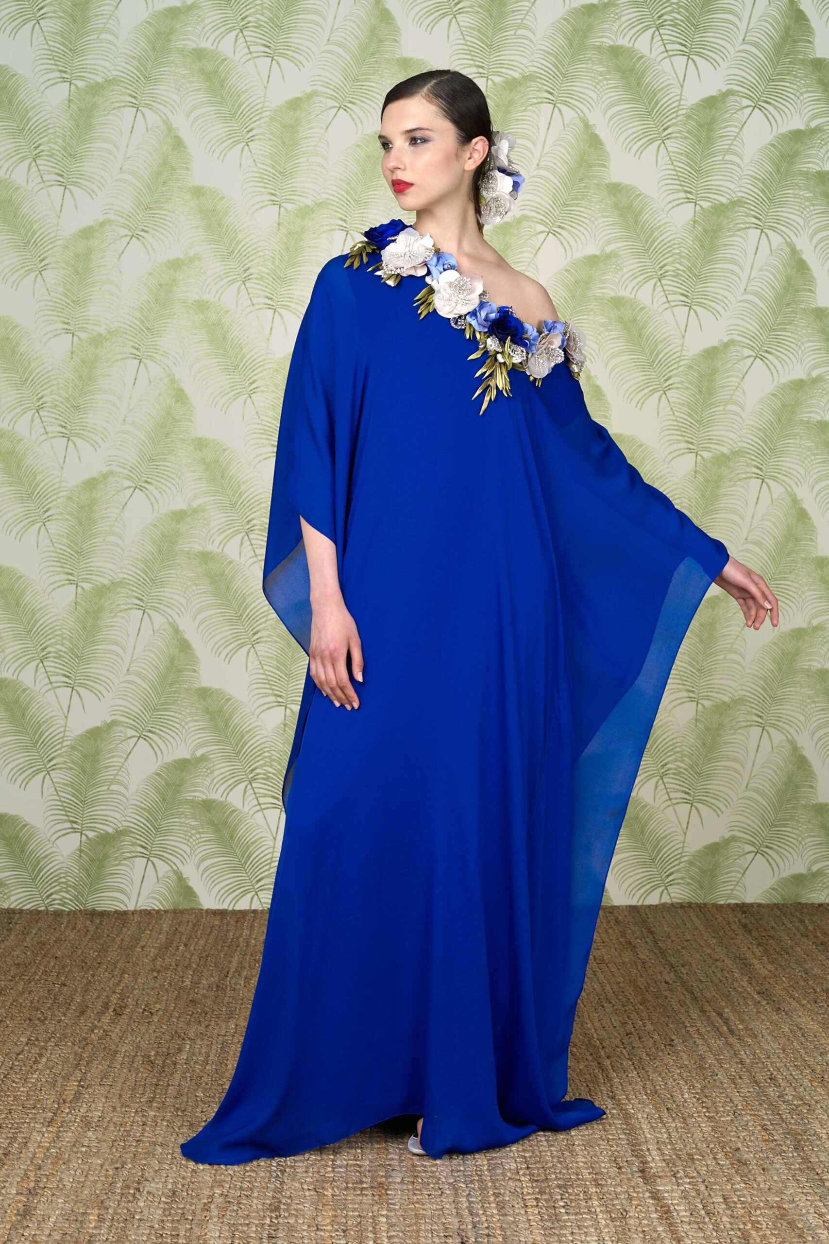 blue silk off-shoulder gown