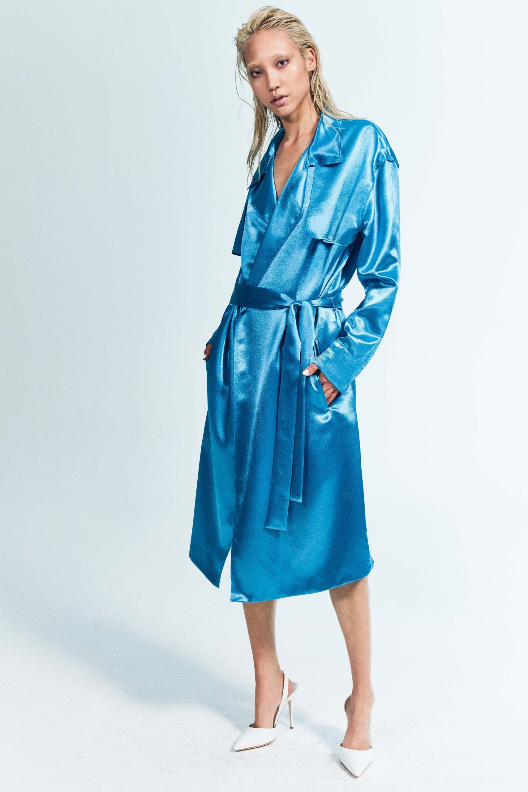 blue satin relaxed midi dress