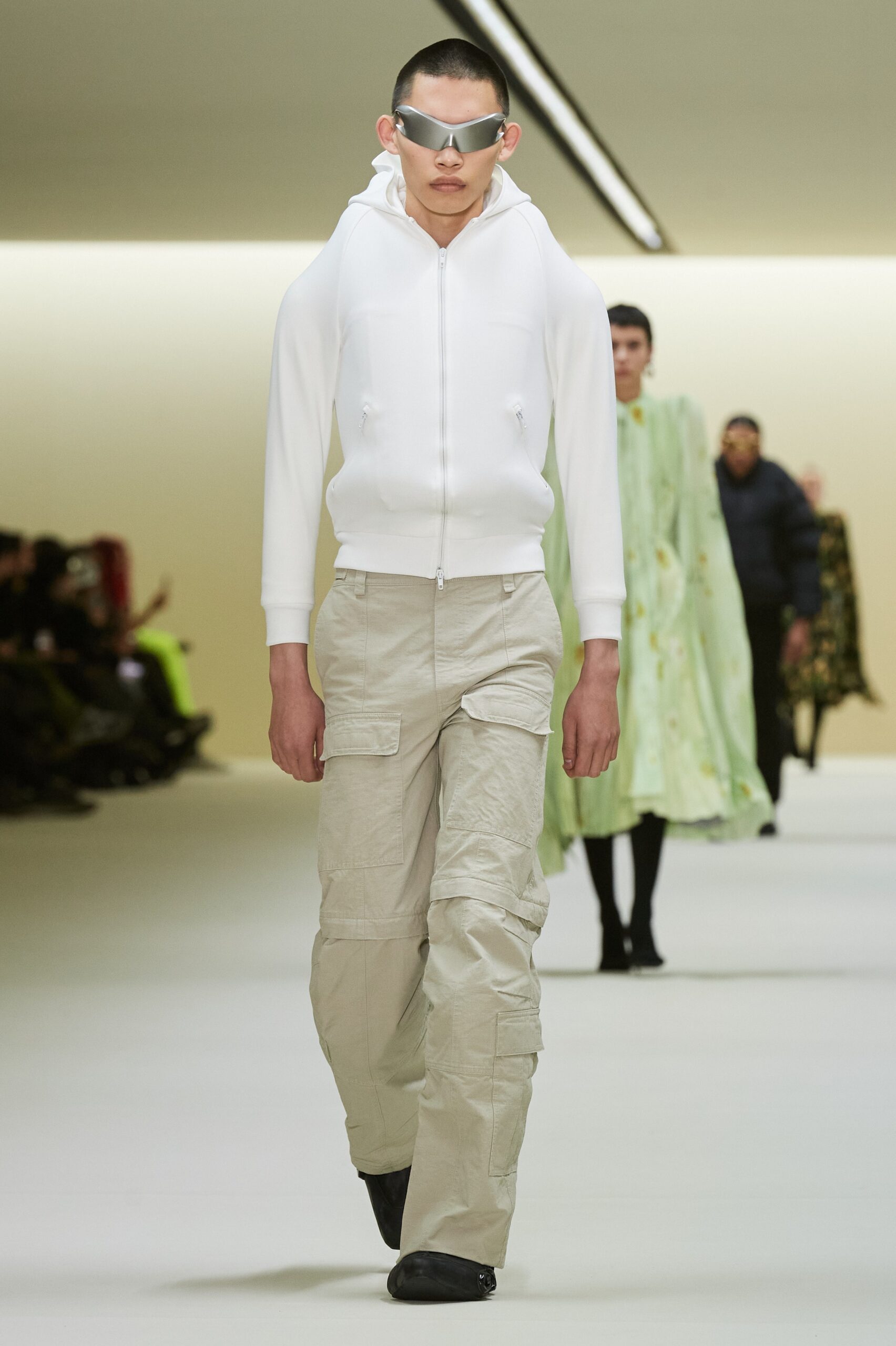 white fitted hoodie and beige cargo pants