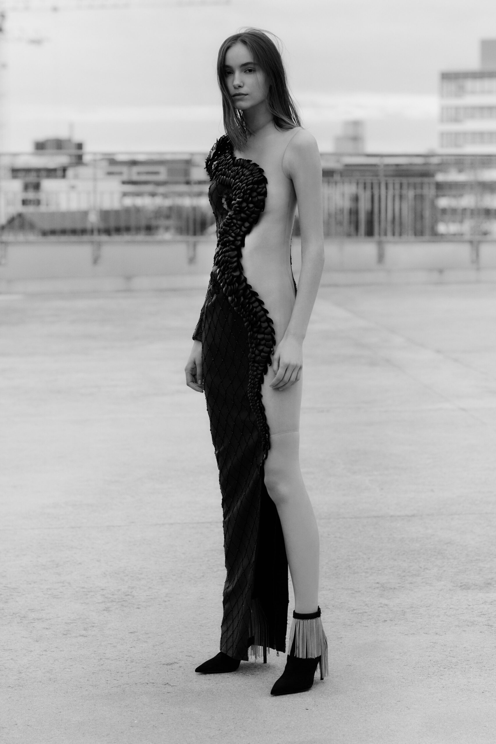 black silk asymmetric dress with fringed shoes