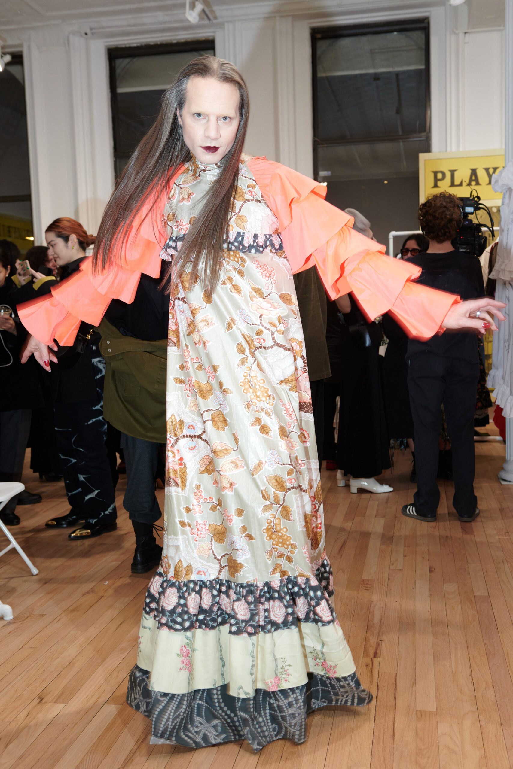 multi-colored embroidered maxi dress with oversized orange jacket