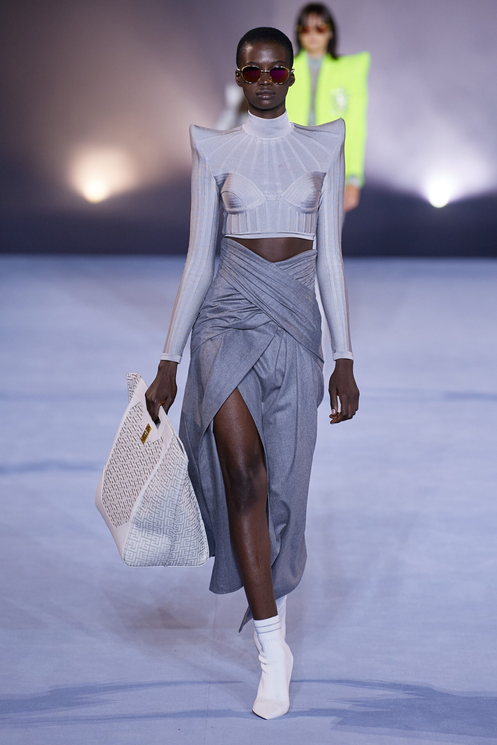 fitted white mesh top with gray skirt