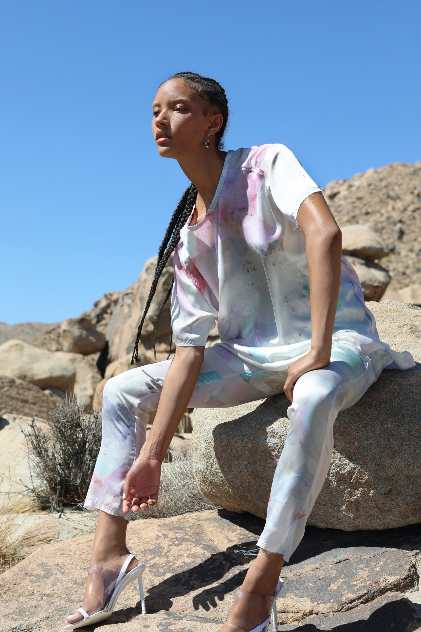 multi-colored silk top and pants