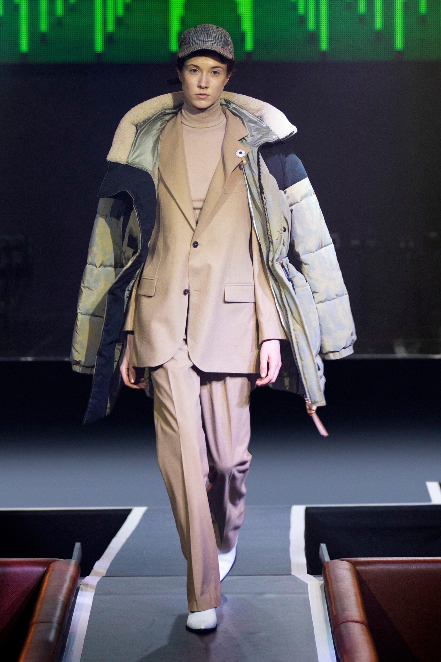 beige coat and suit with hat