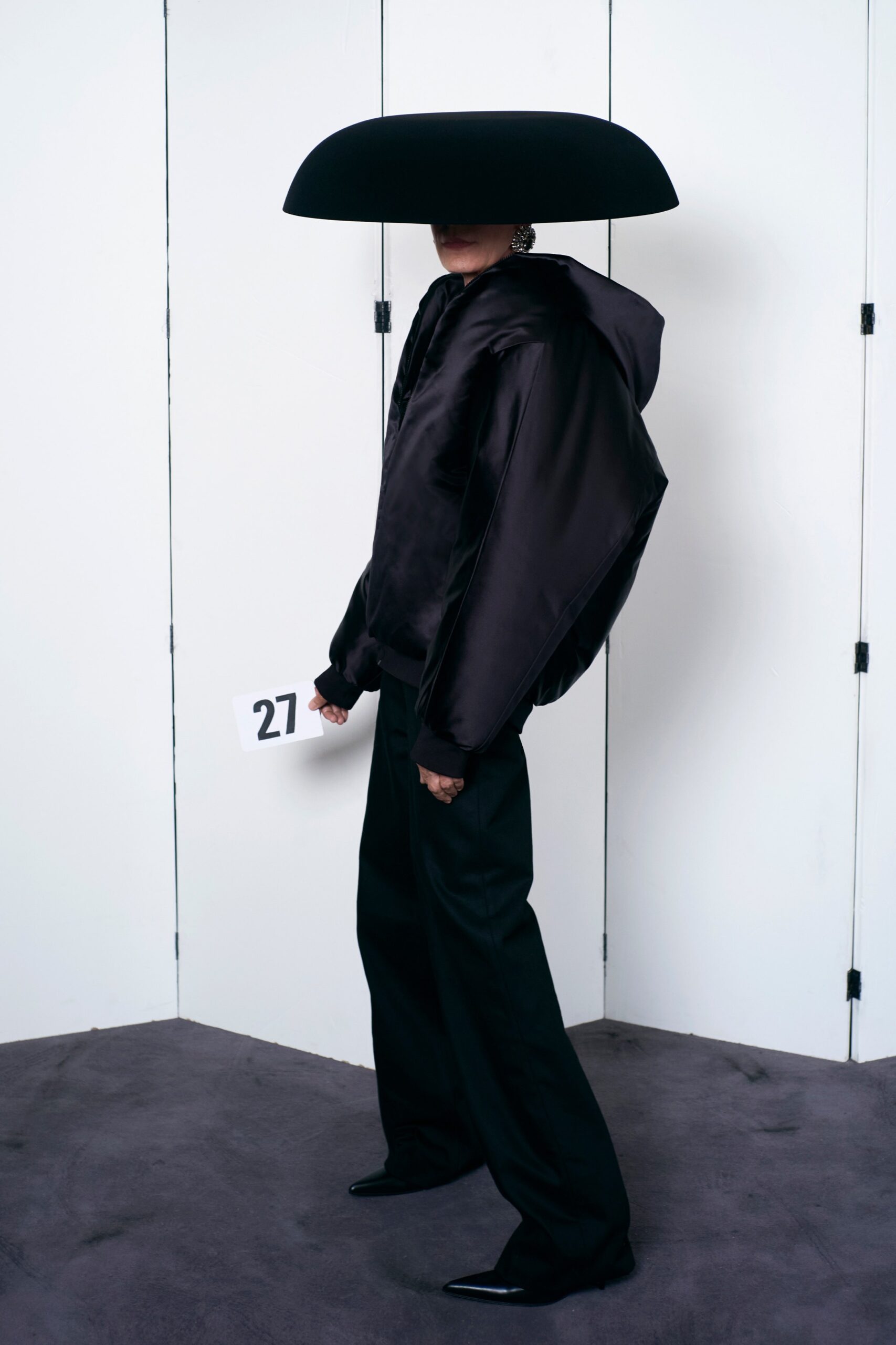 black silk relaxed jacket and tailored pants