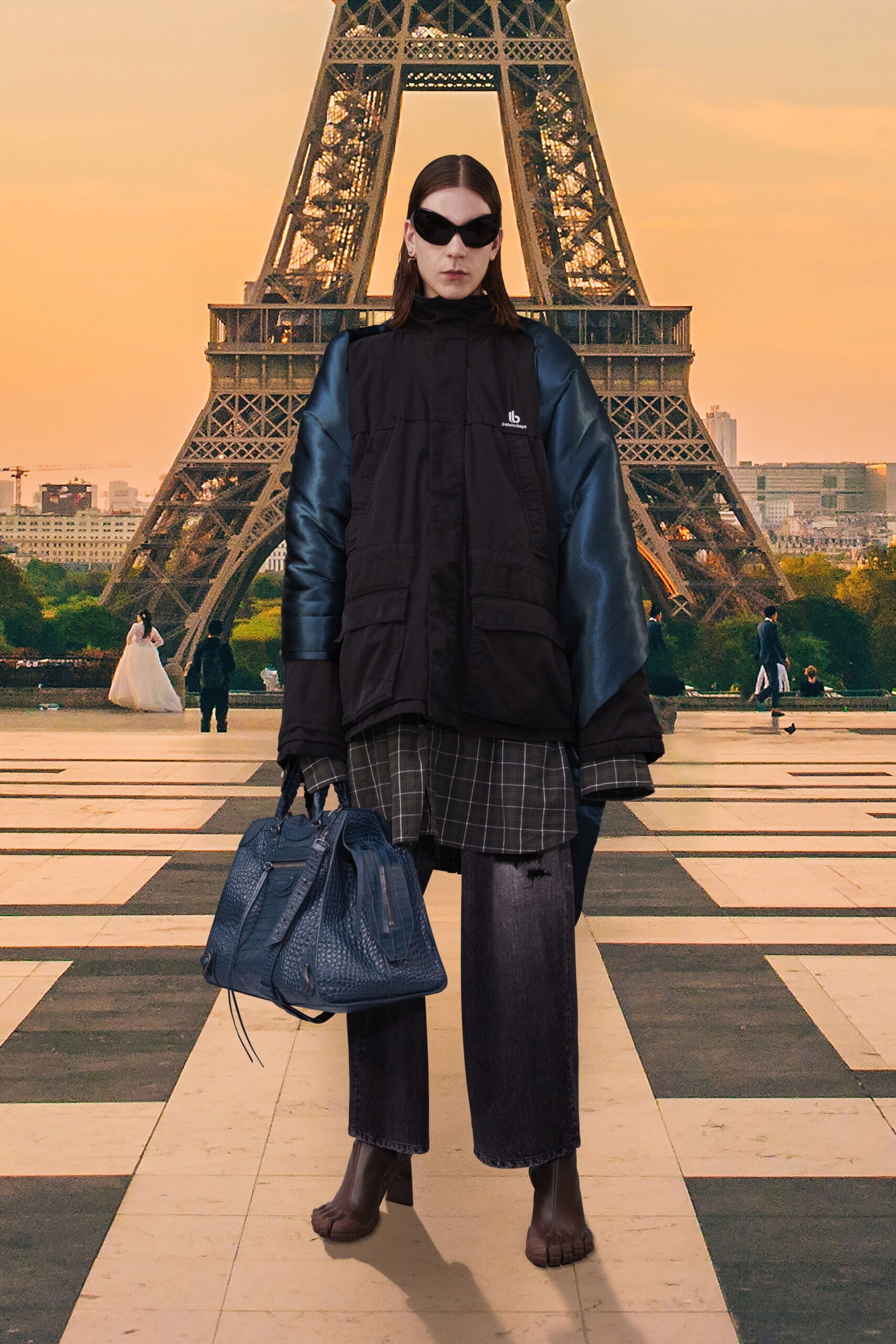 oversized black jacket with checked shirt