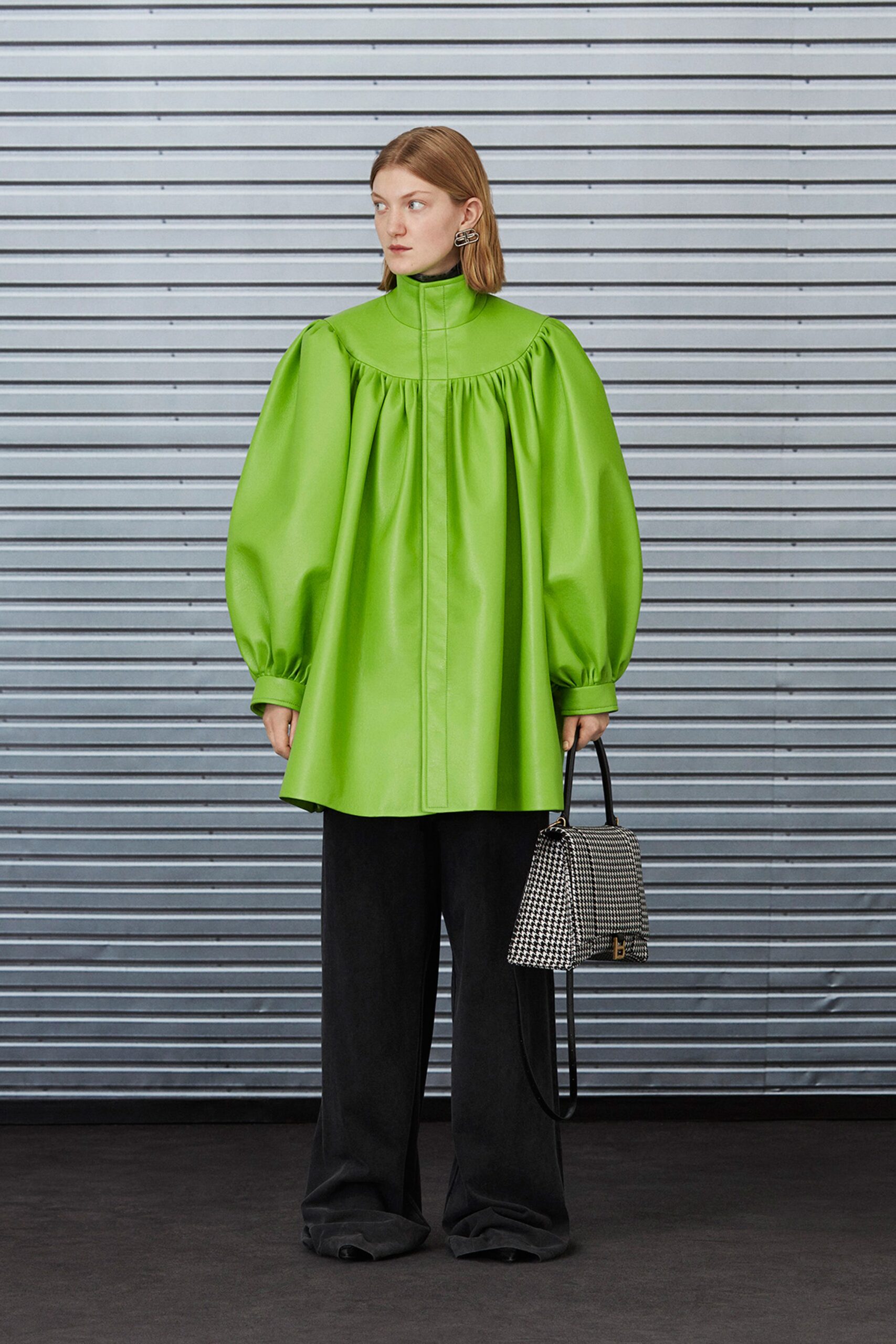 green leather relaxed coat with wide-leg pants