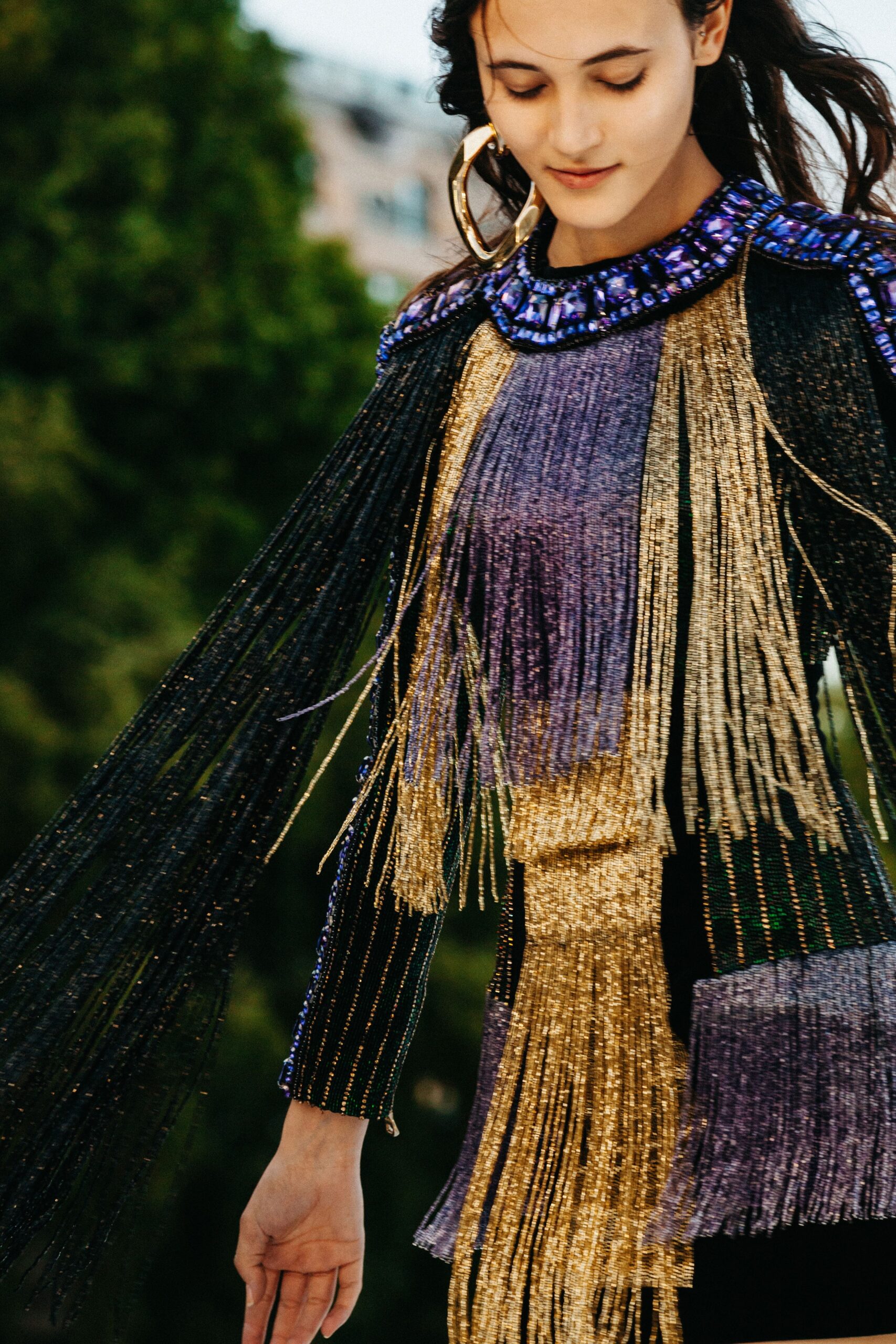 fringed black purple gold dress
