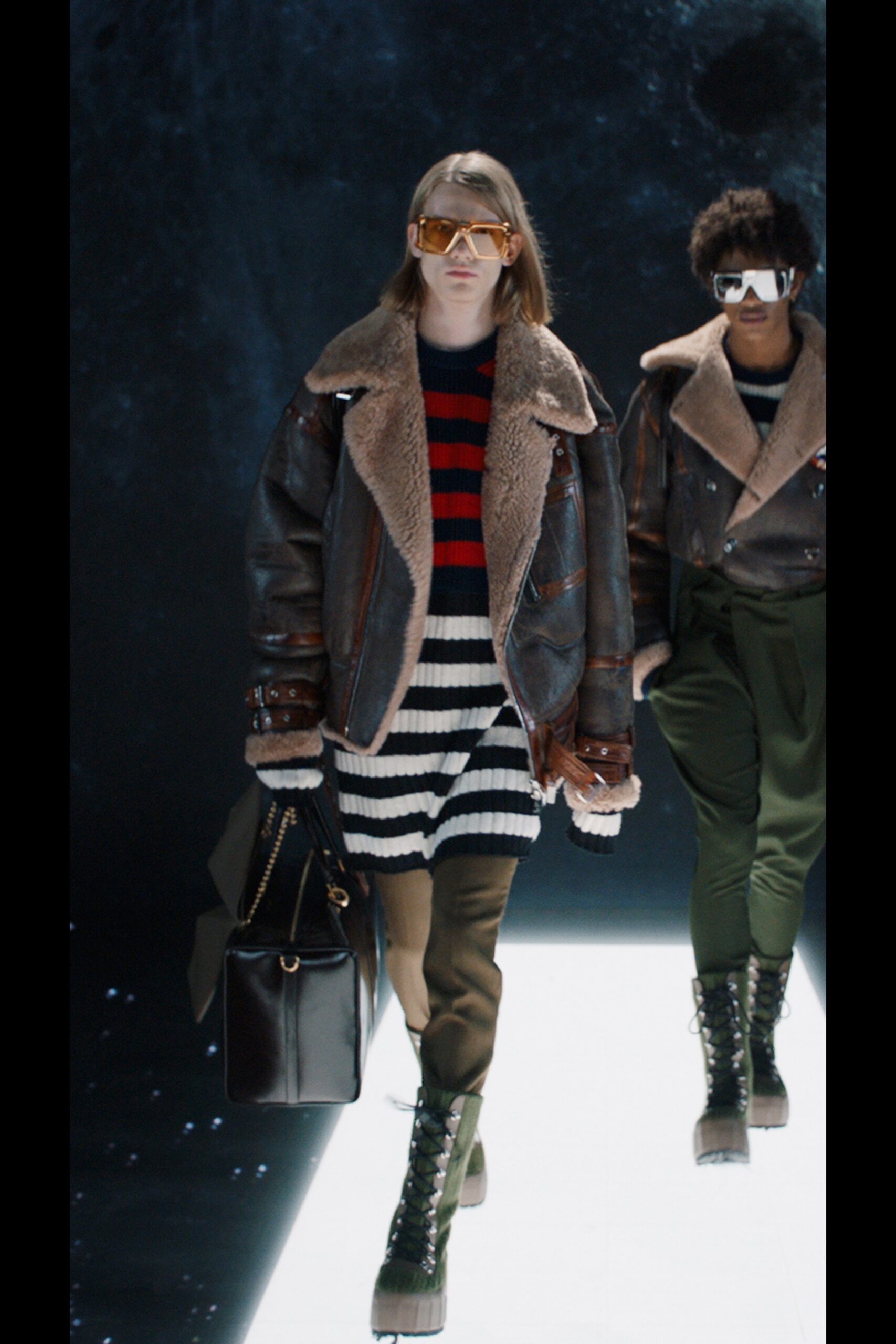 oversized brown leather jacket with striped dress