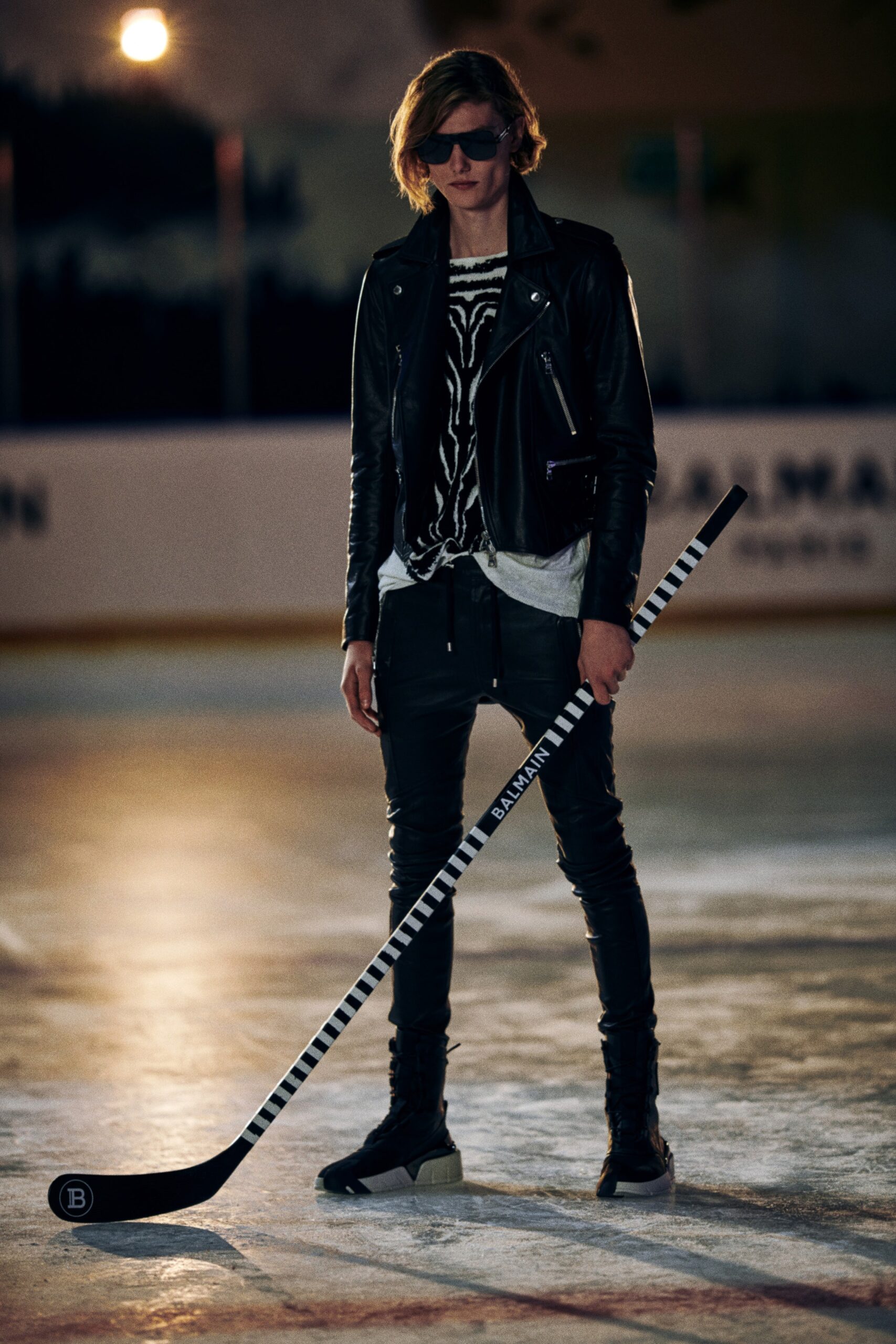 black leather jacket with printed top