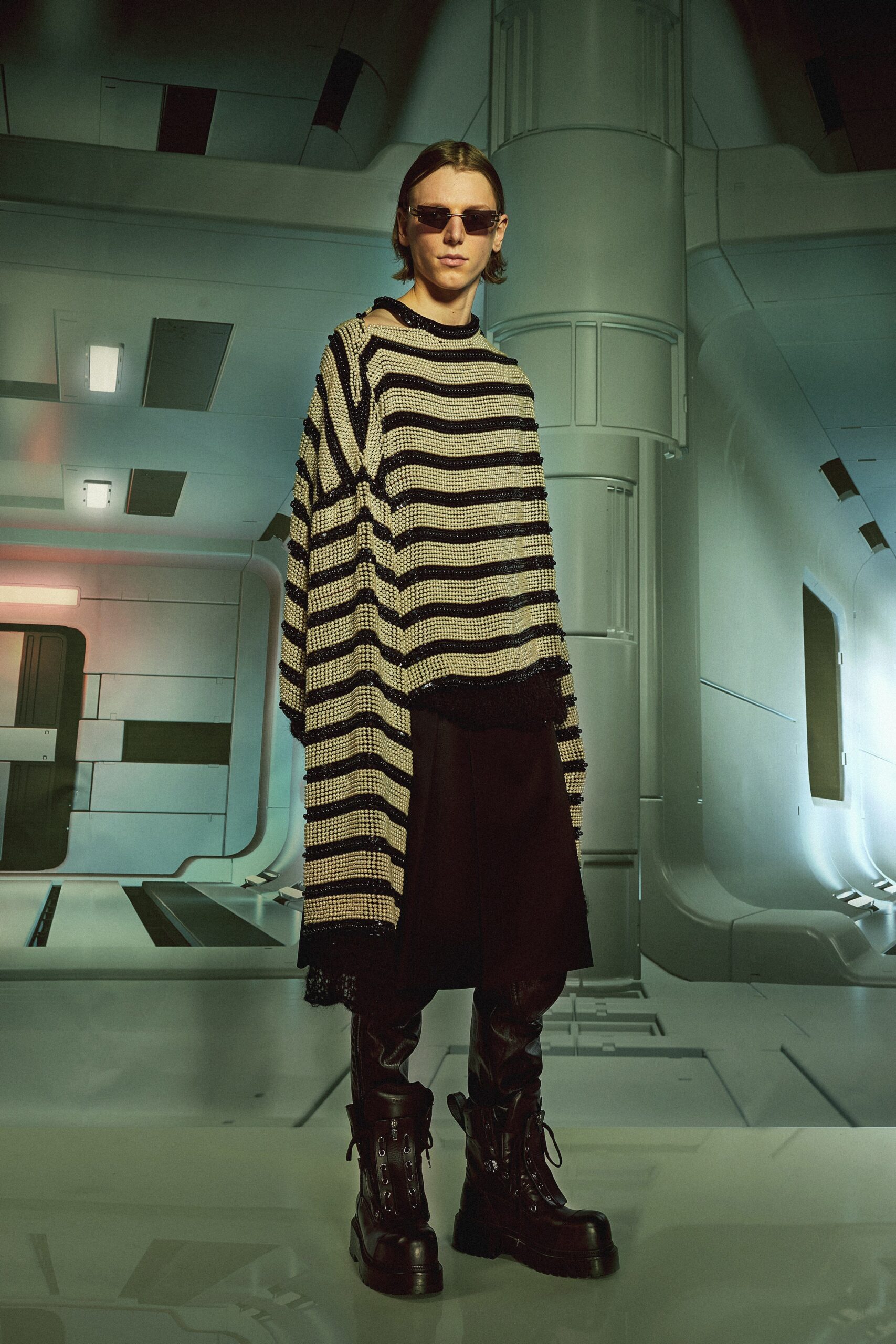oversized striped top with black skirt