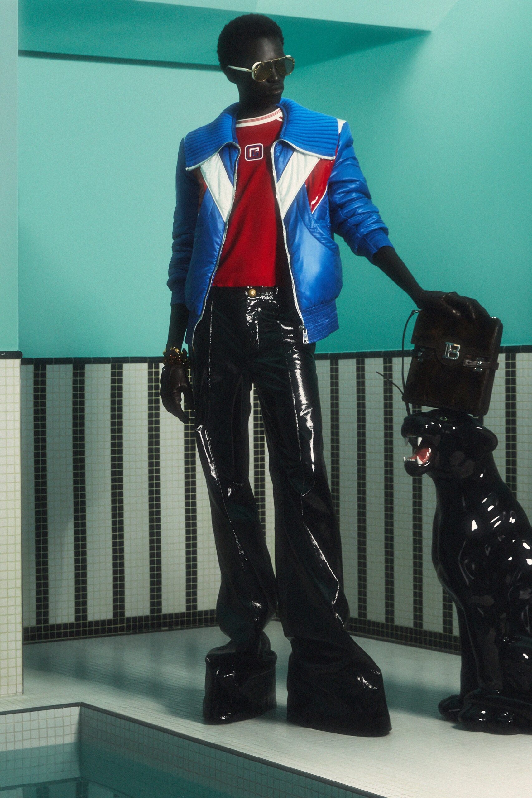 color-blocked vinyl jacket with flared pants