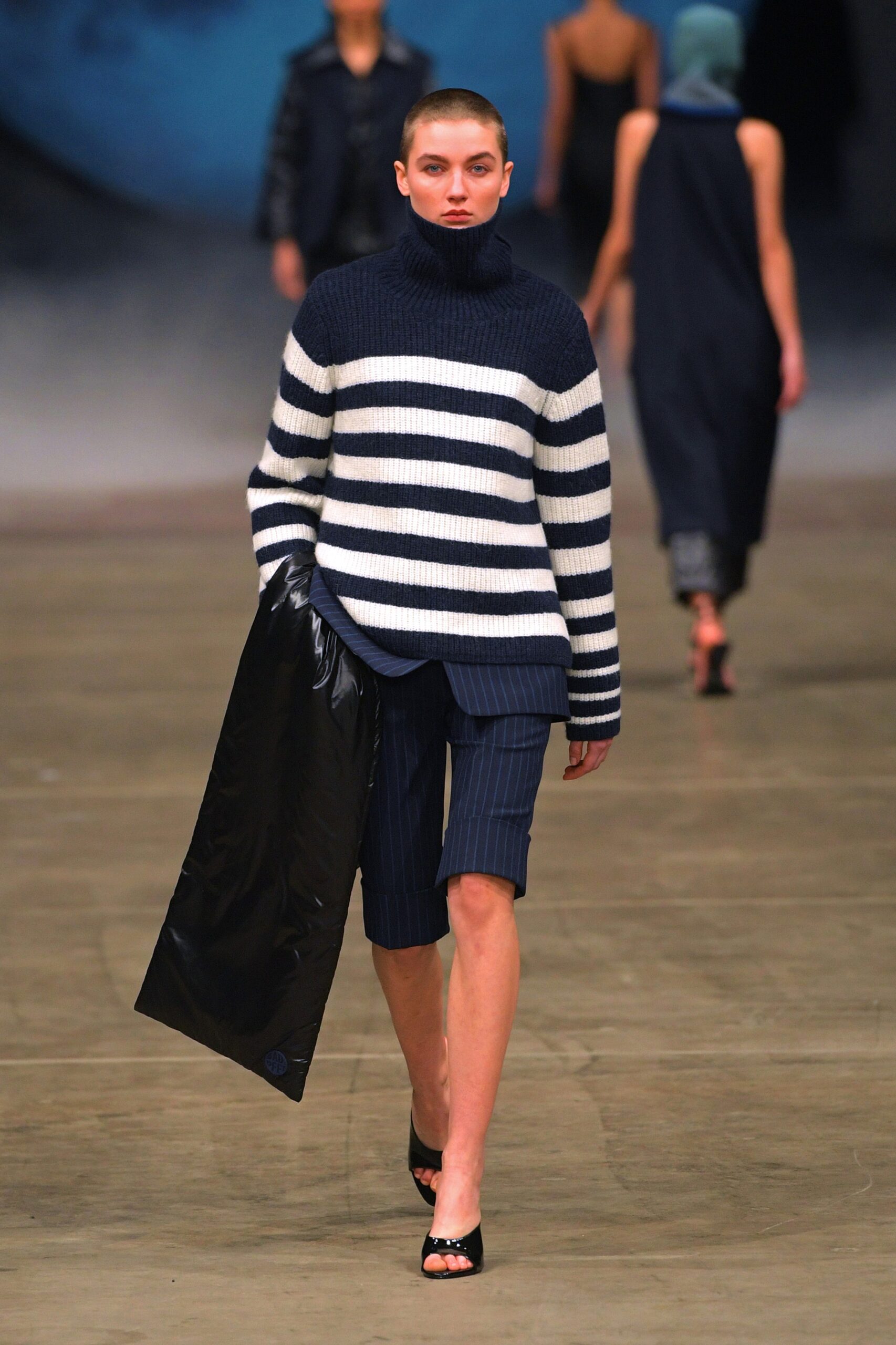 striped turtleneck sweater with shorts