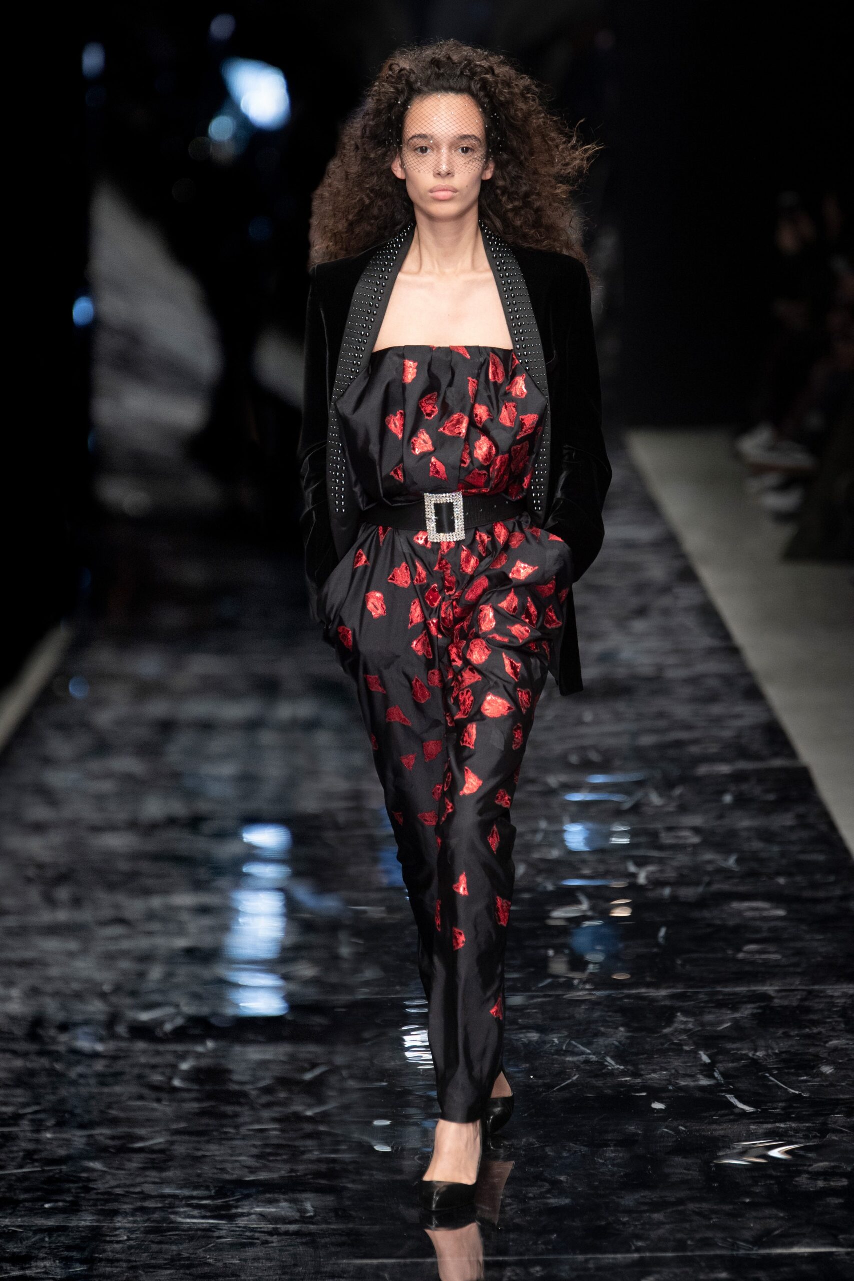 black red floral jumpsuit with belt