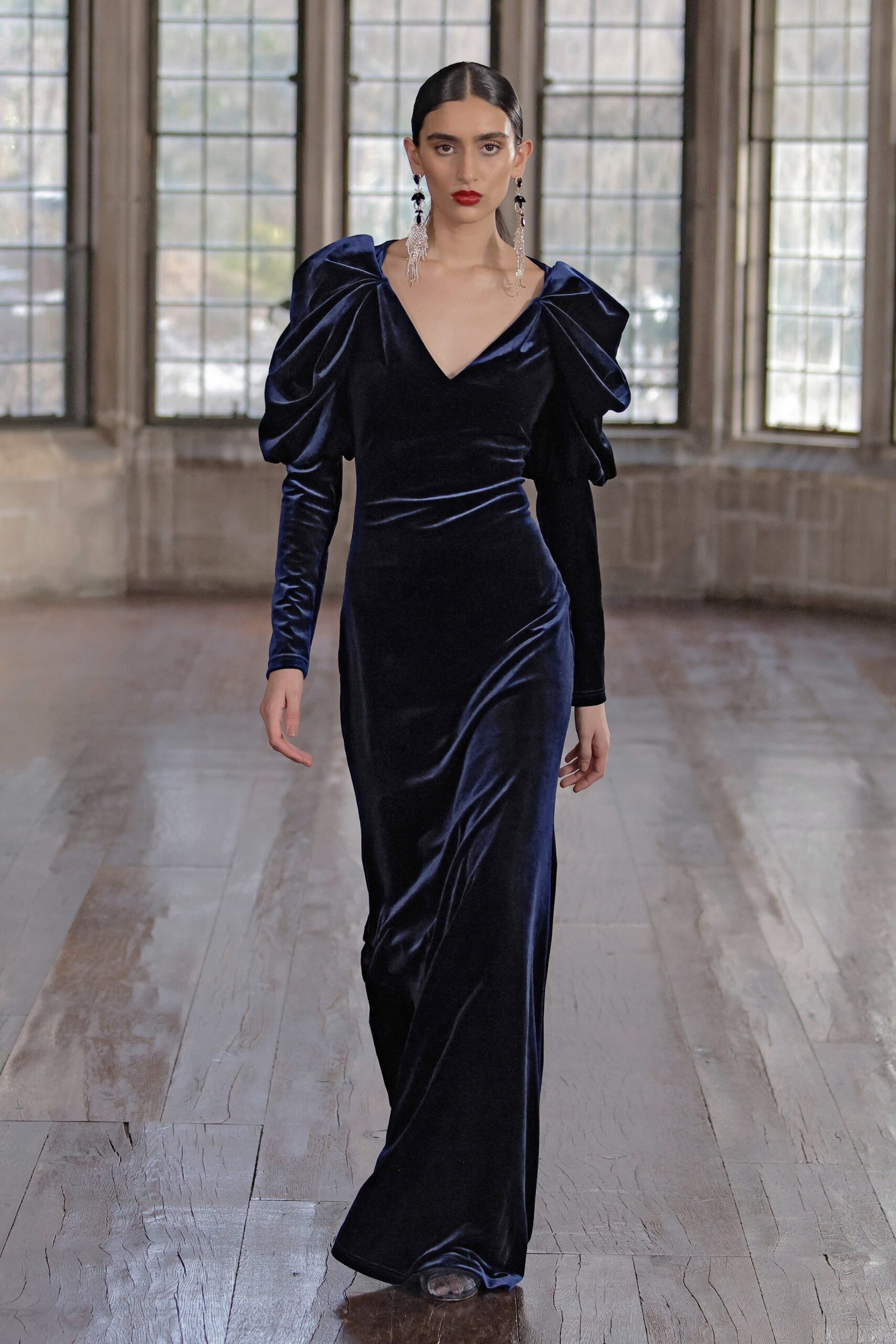 blue velvet fitted gown