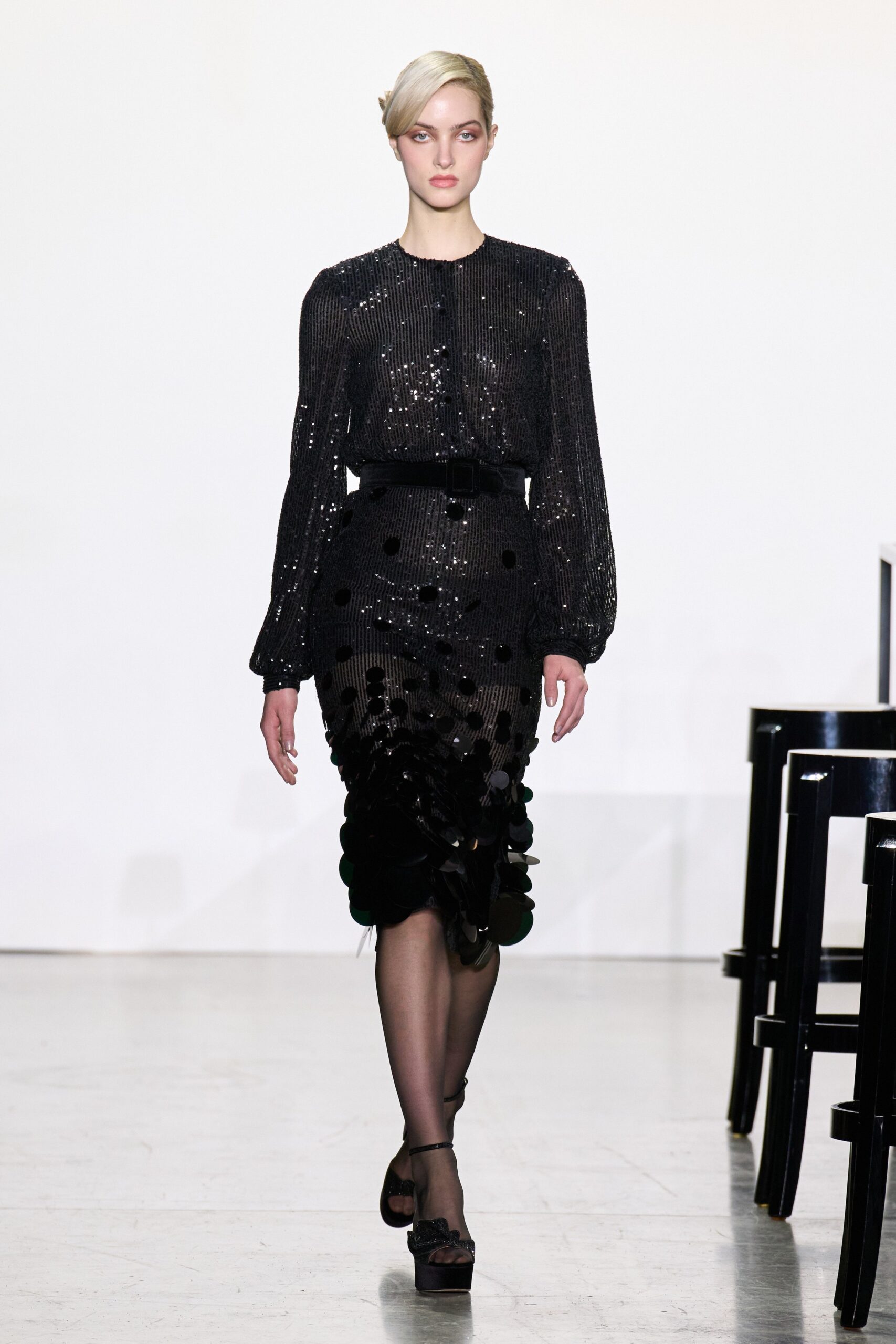 black sequin blouse and pencil skirt