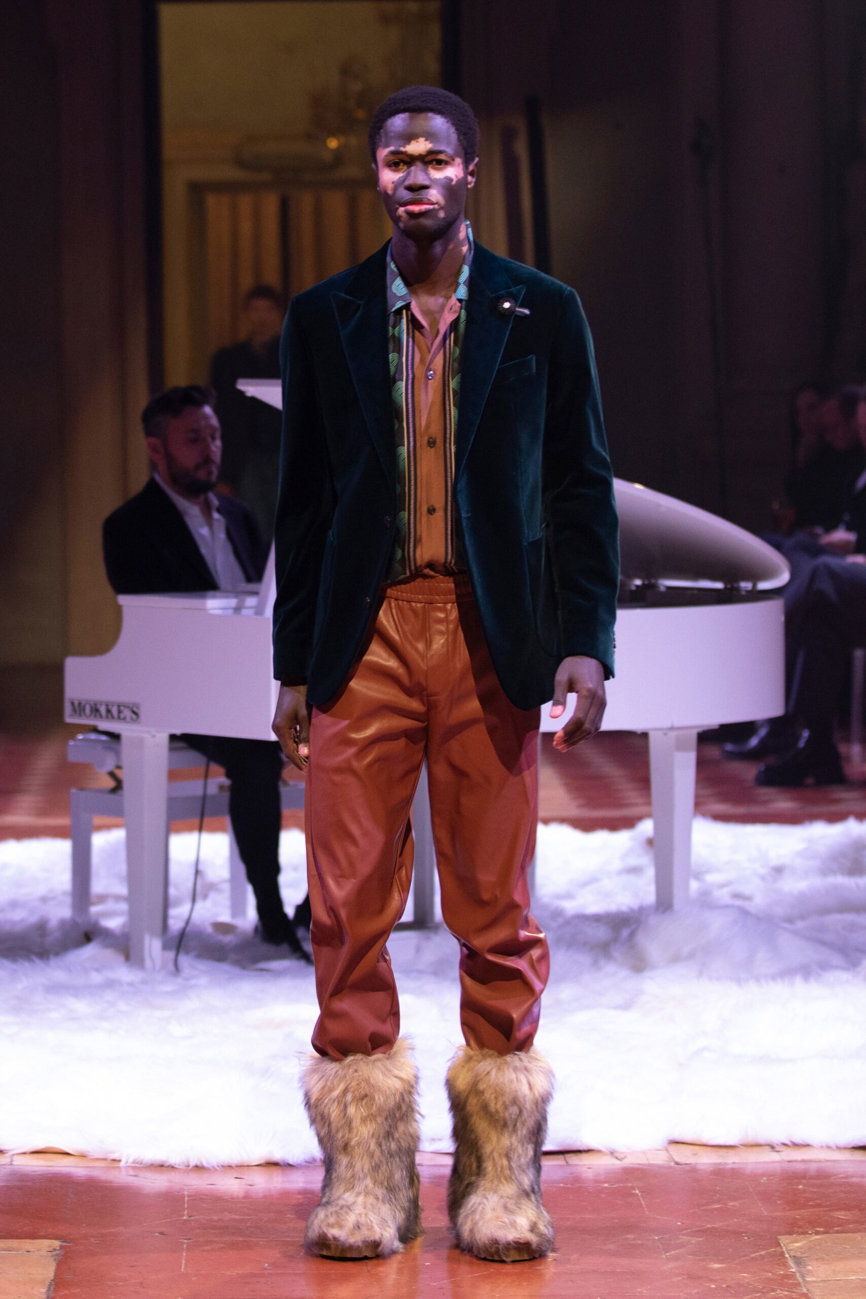 green velvet blazer with brown shirt