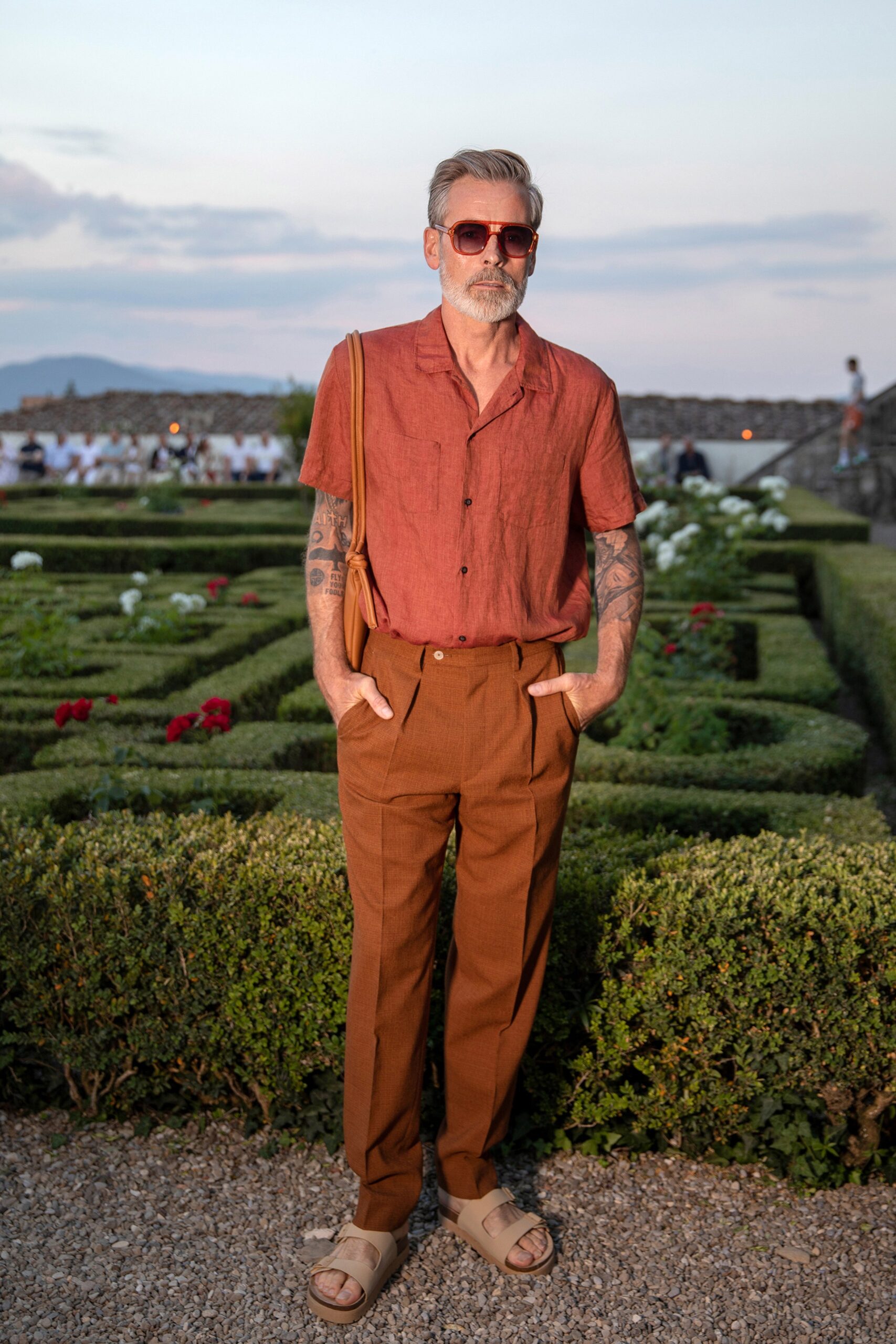 brown linen tailored pleated pants