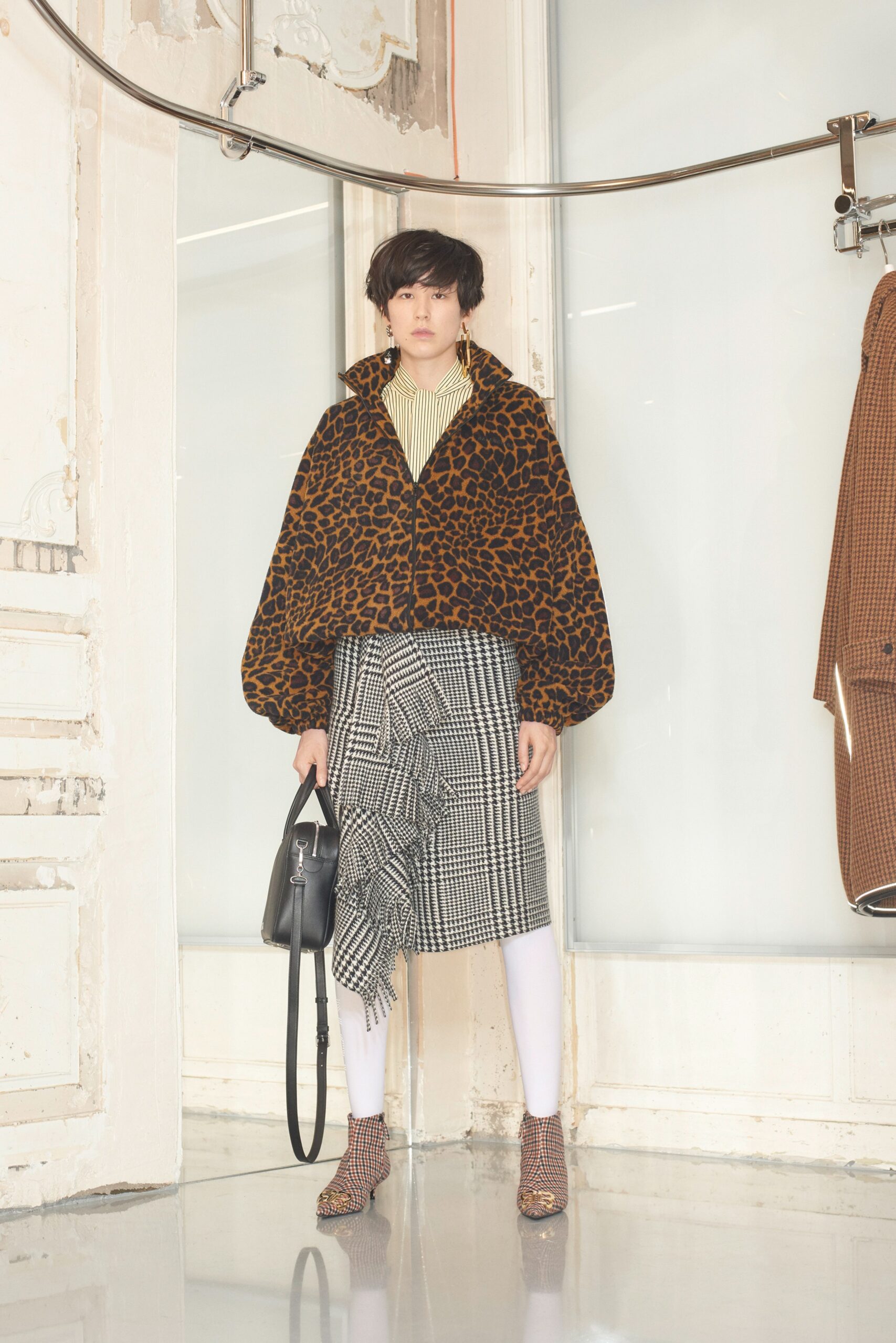 brown cotton long-sleeve collared oversized animal-print jacket