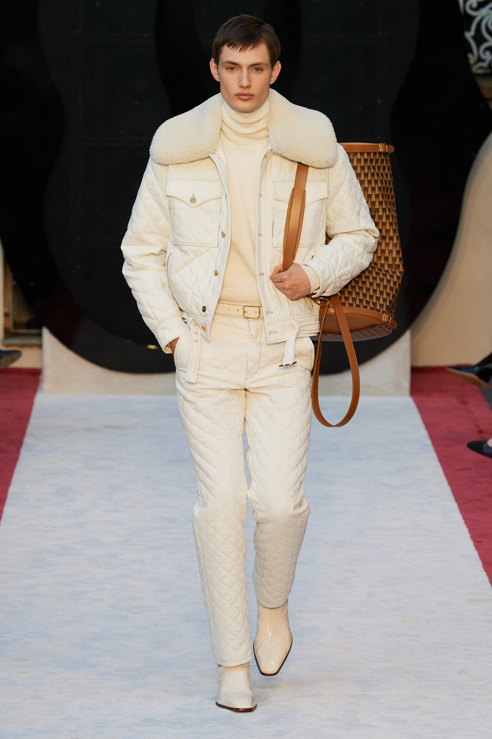 white quilted jacket and pants