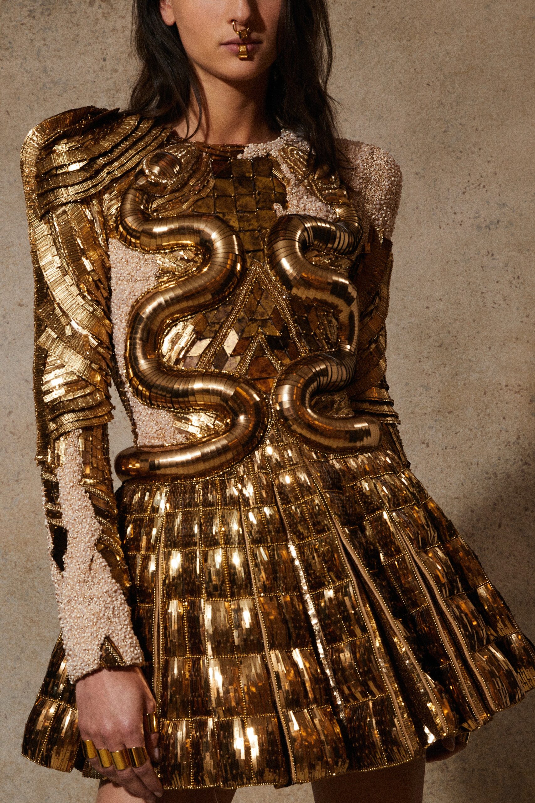 gold metallic fitted mini dress