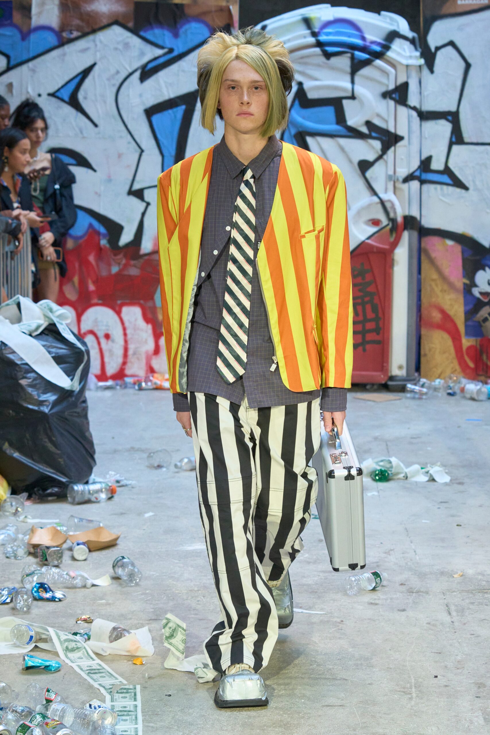 striped jacket and pants ensemble